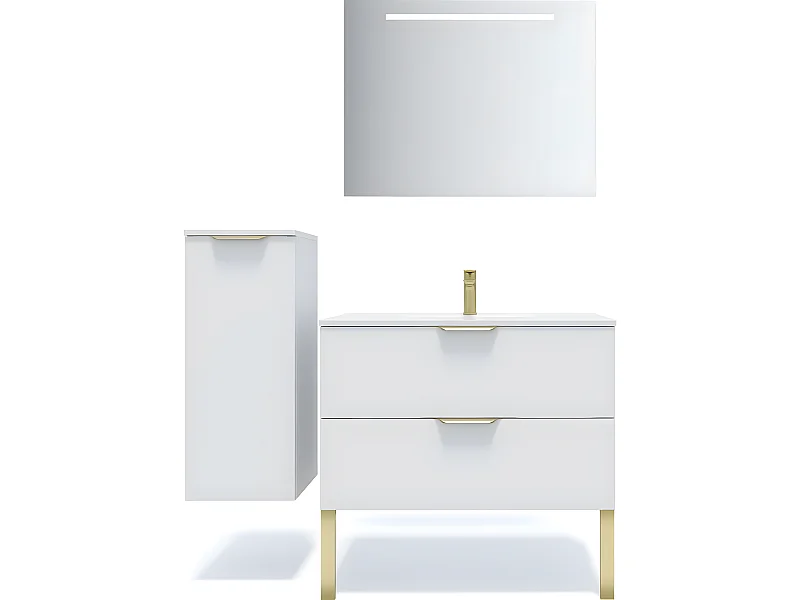 Meuble de salle de bain suspendu vasque intégrée 90cm 2 tiroirs Blanc + miroir + colonne ouverture gauche - Venice