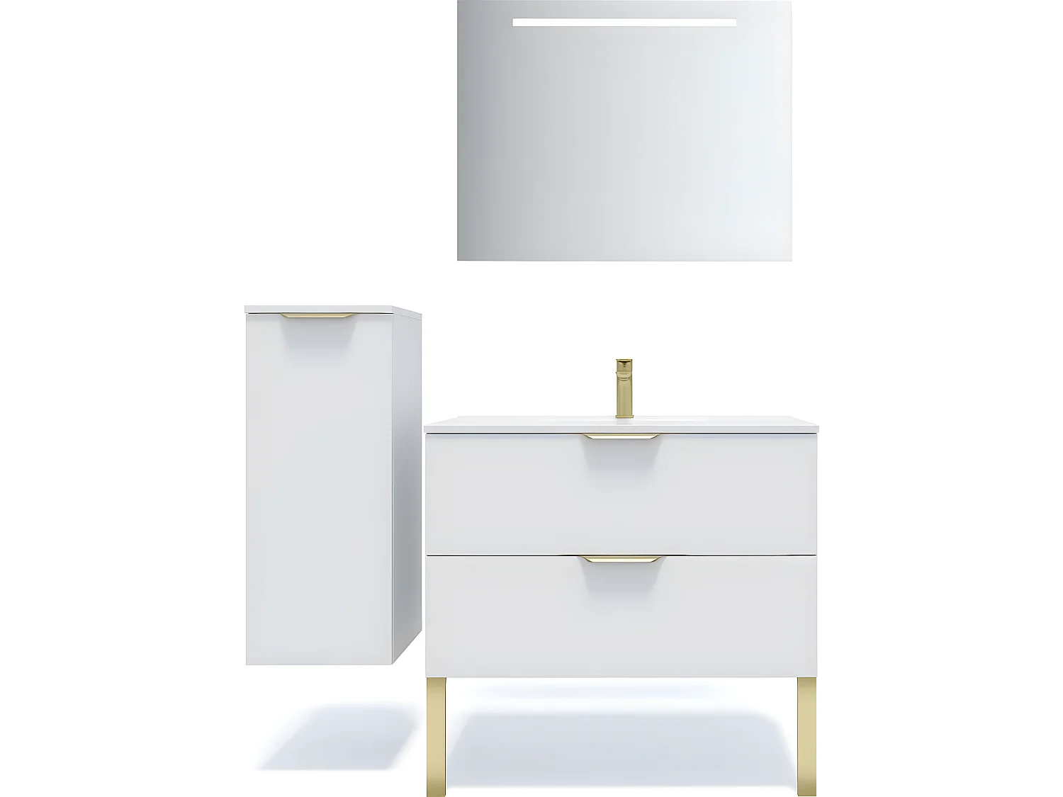 Meuble de salle de bain suspendu vasque intégrée 90cm 2 tiroirs Blanc + miroir + colonne ouverture gauche - Venice