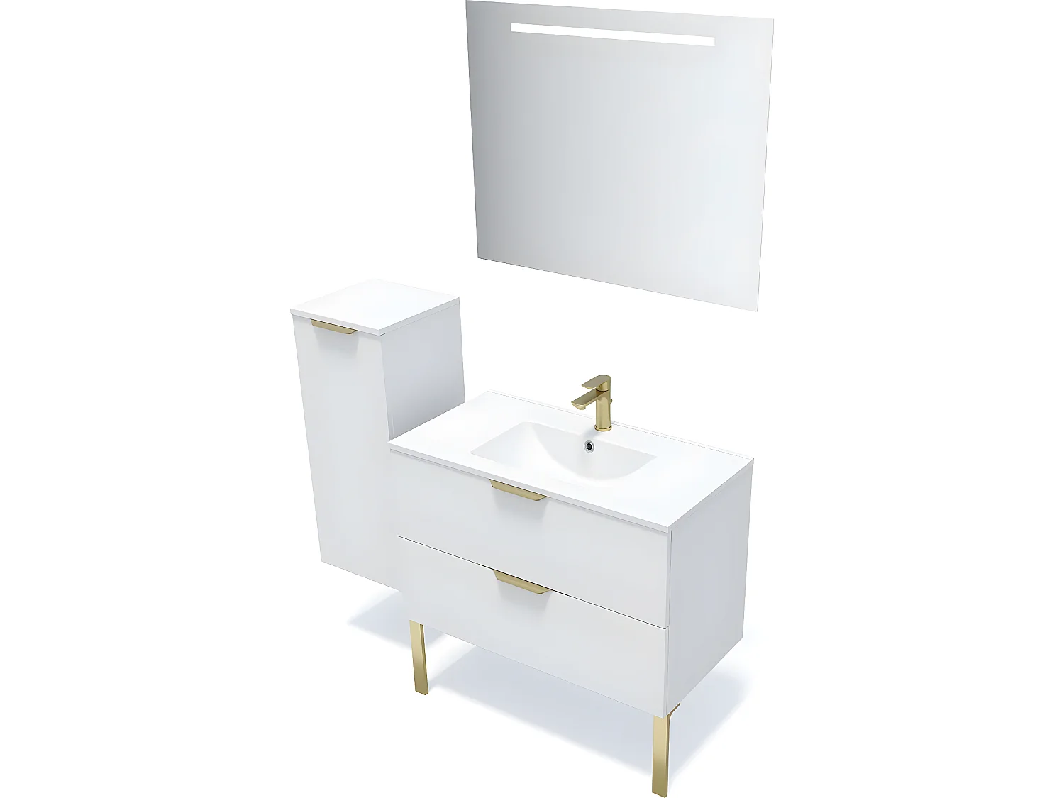 Meuble de salle de bain suspendu vasque intégrée 90cm 2 tiroirs Blanc + miroir + colonne ouverture gauche - Venice