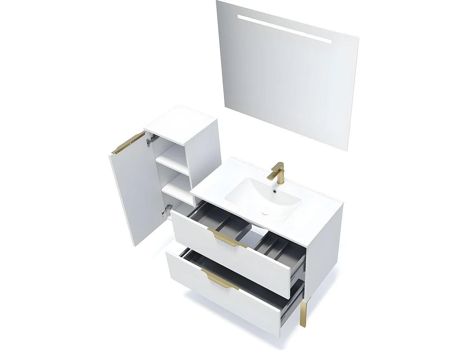 Meuble de salle de bain suspendu vasque intégrée 90cm 2 tiroirs Blanc + miroir + colonne ouverture gauche - Venice