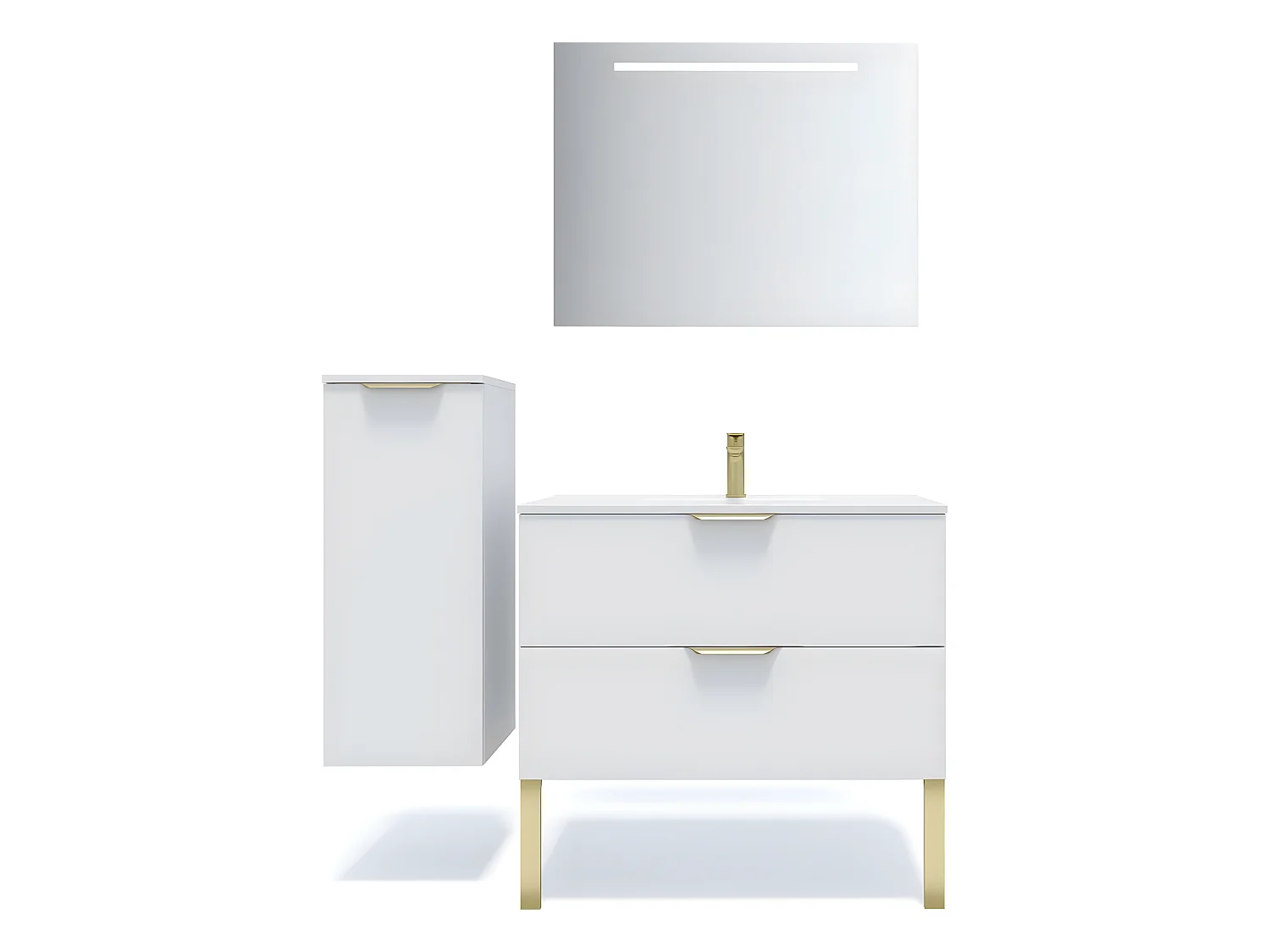 Meuble de salle de bain suspendu vasque intégrée 90cm 2 tiroirs Blanc + miroir + colonne ouverture gauche - Venice