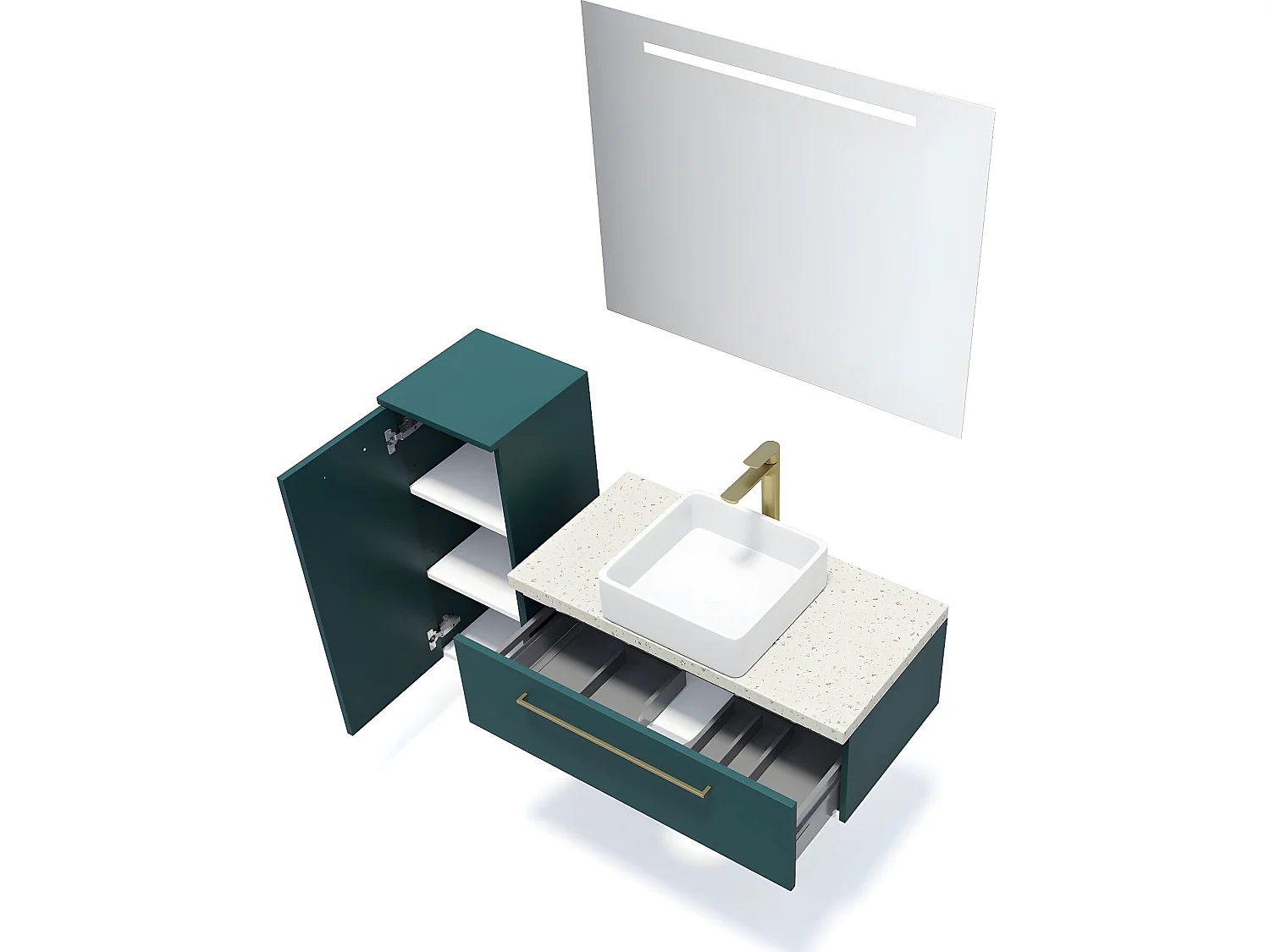 Meuble de salle de bain suspendu vasque à poser 90cm 1 tiroir Bleu + miroir + colonne ouverture gauche - Glasgow