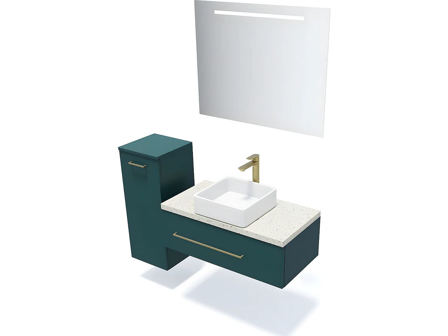 Meuble de salle de bain suspendu vasque à poser 90cm 1 tiroir Bleu + miroir + colonne ouverture gauche - Glasgow