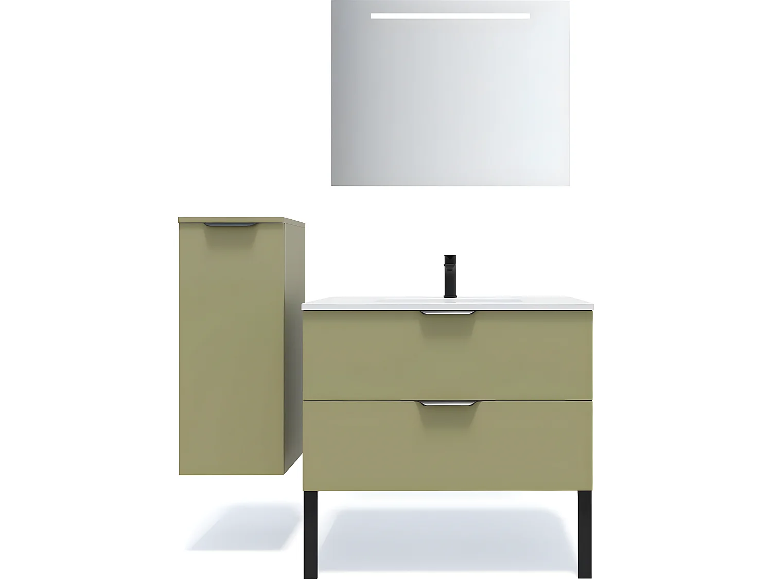 Meuble de salle de bain suspendu vasque intégrée 90cm 2 tiroirs Vert olive + miroir + colonne ouverture gauche - Soho