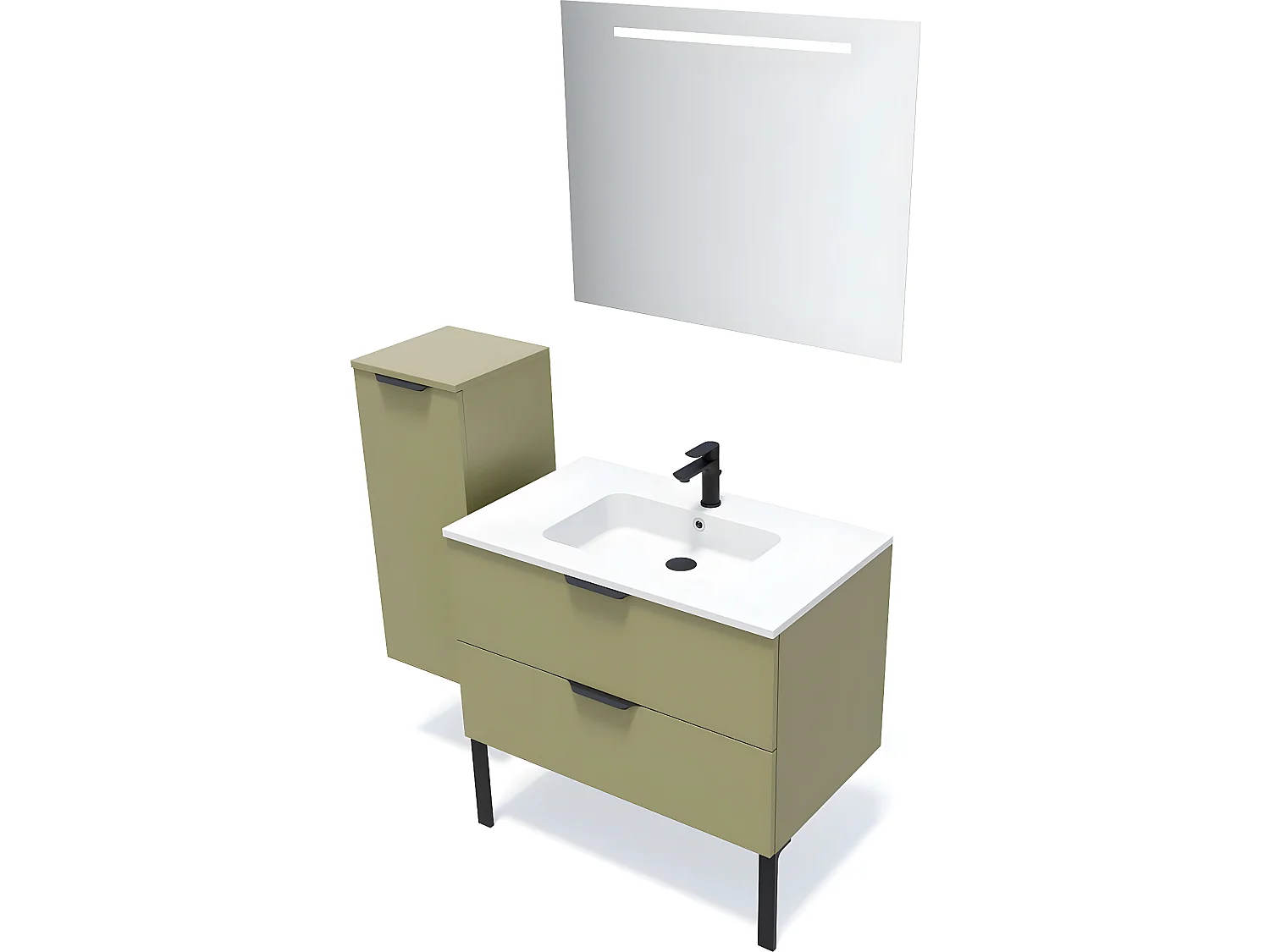 Meuble de salle de bain suspendu vasque intégrée 90cm 2 tiroirs Vert olive + miroir + colonne ouverture gauche - Soho