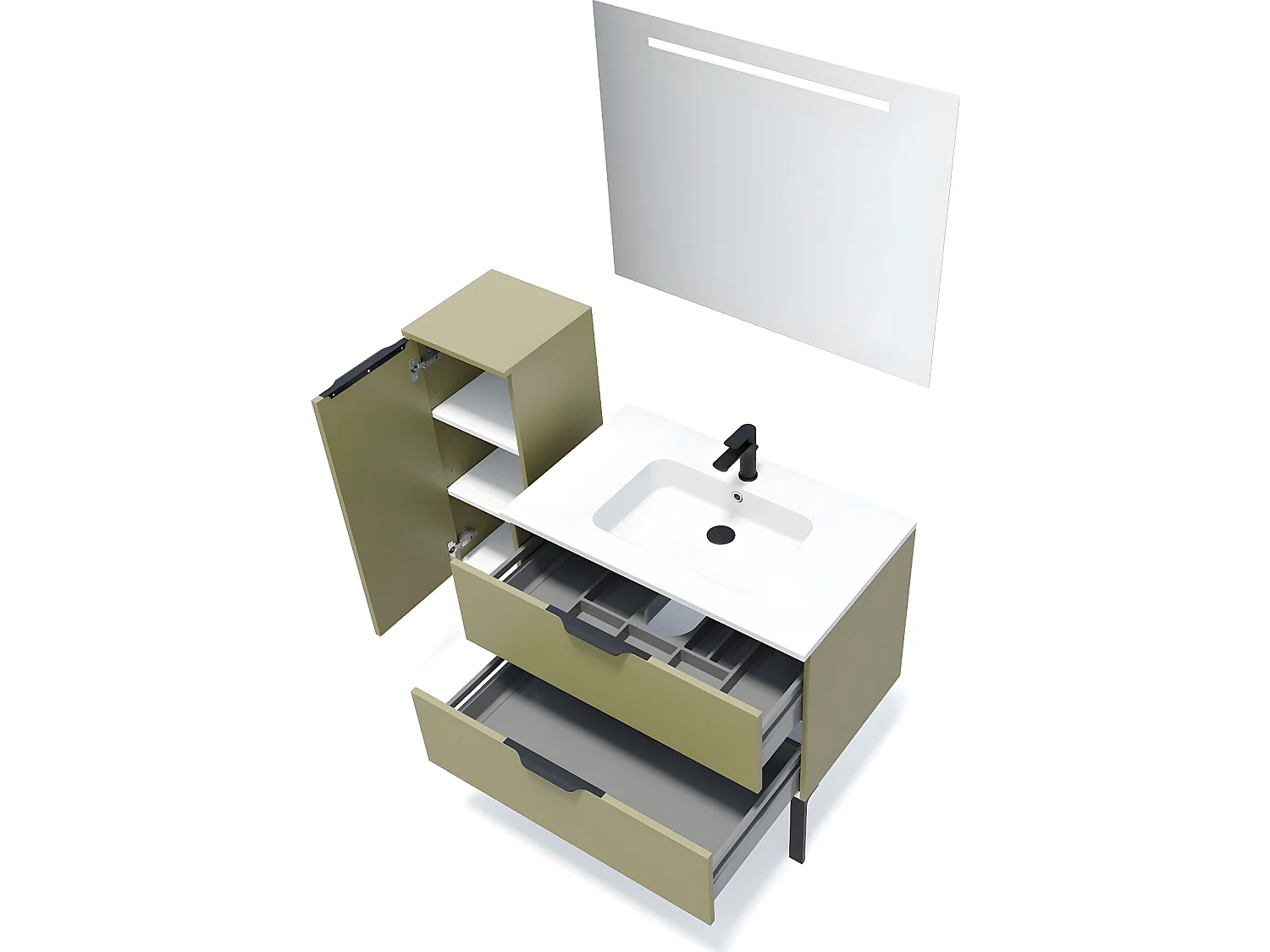 Meuble de salle de bain suspendu vasque intégrée 90cm 2 tiroirs Vert olive + miroir + colonne ouverture gauche - Soho