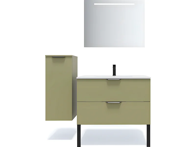Meuble de salle de bain suspendu vasque intégrée 90cm 2 tiroirs Vert olive + miroir + colonne ouverture gauche - Soho
