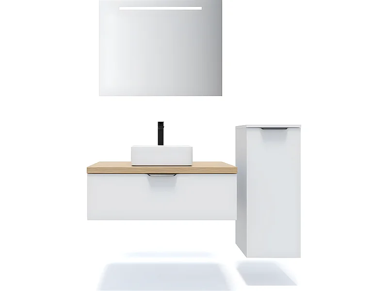 Meuble de salle de bain suspendu vasque à poser 90cm 1 tiroir Blanc + miroir + colonne ouverture droite - Soho