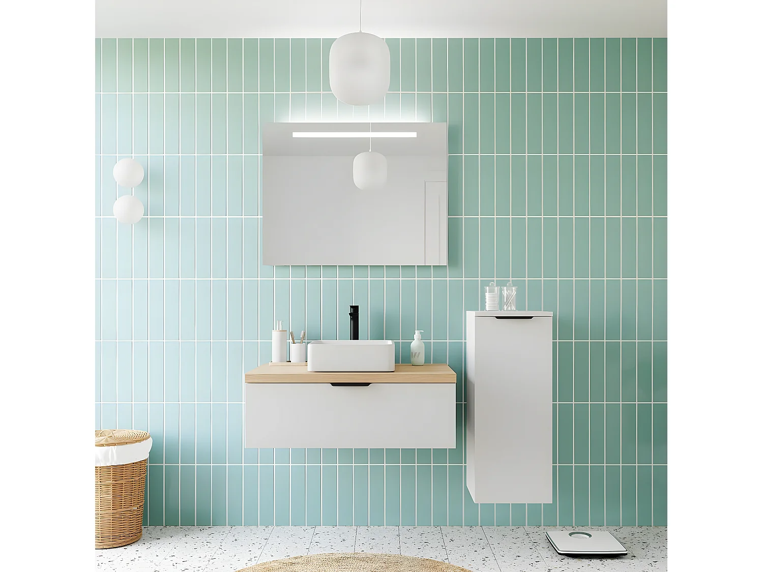 Meuble de salle de bain suspendu vasque à poser 90cm 1 tiroir Blanc + miroir + colonne ouverture droite - Soho