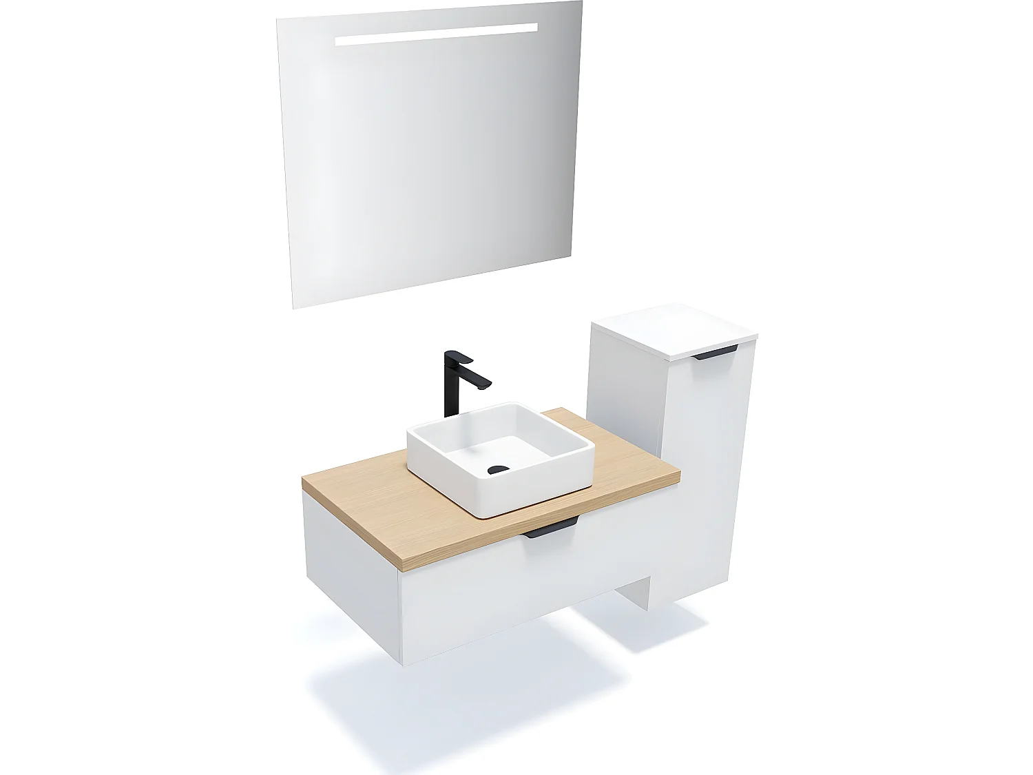 Meuble de salle de bain suspendu vasque à poser 90cm 1 tiroir Blanc + miroir + colonne ouverture droite - Soho