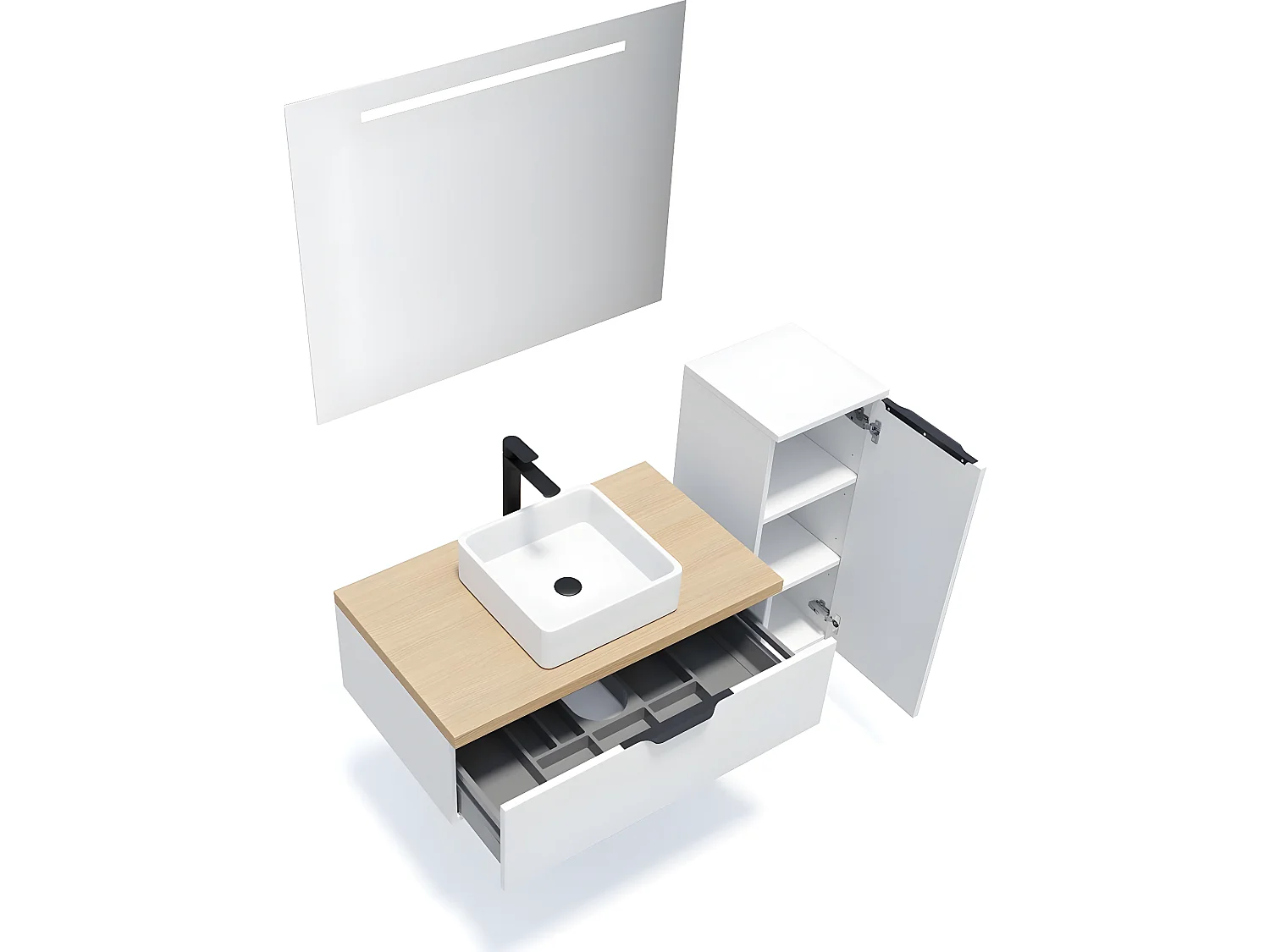 Meuble de salle de bain suspendu vasque à poser 90cm 1 tiroir Blanc + miroir + colonne ouverture droite - Soho