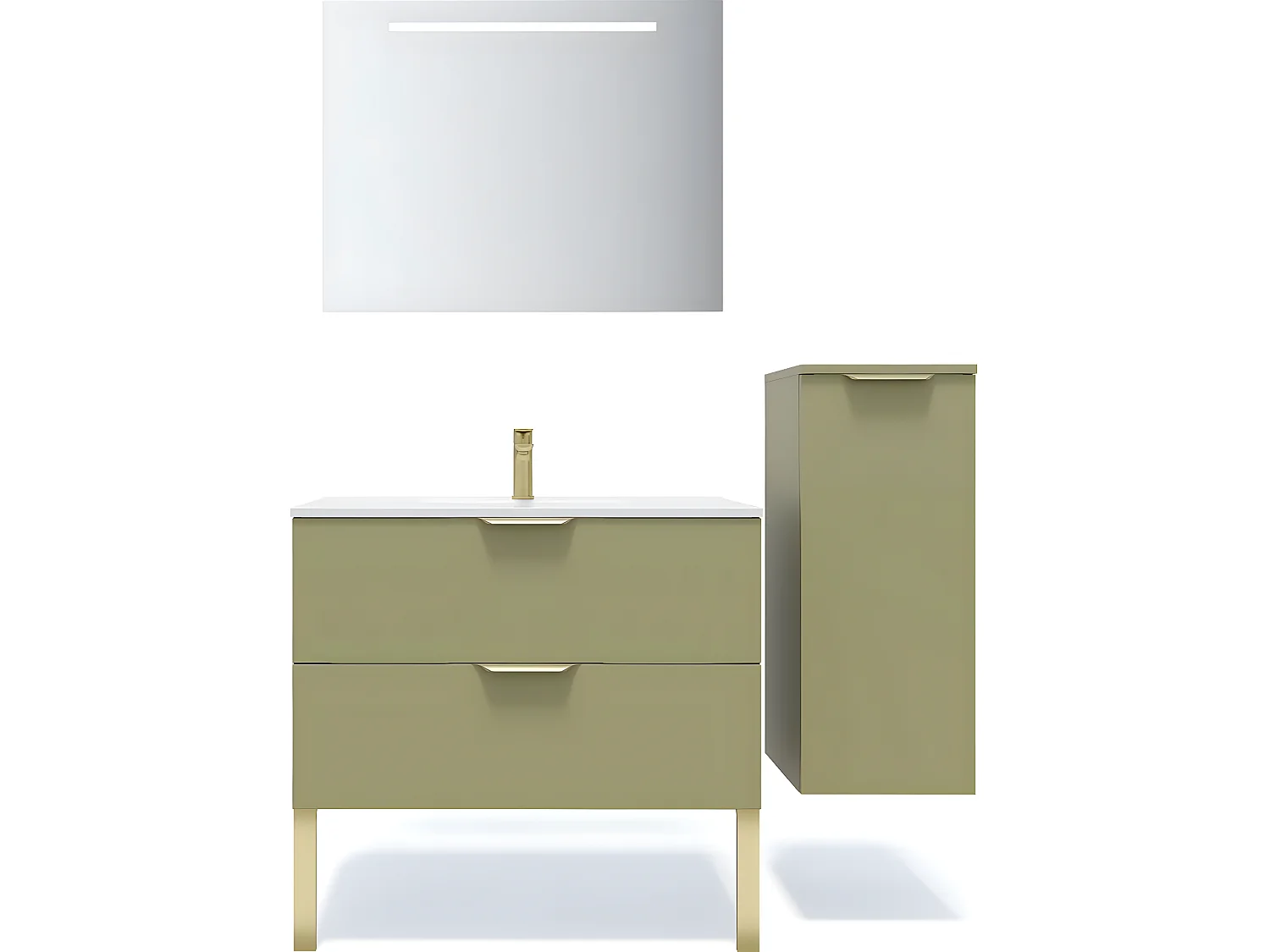 Meuble de salle de bain suspendu vasque intégrée 90cm 2 tiroirs Vert olive + miroir + colonne ouverture droite - Venice