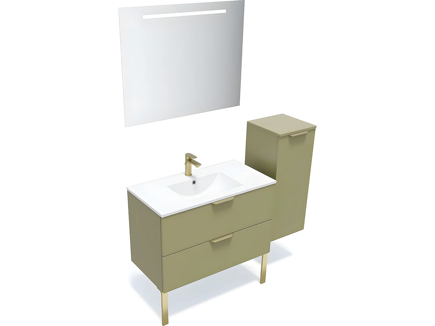 Meuble de salle de bain suspendu vasque intégrée 90cm 2 tiroirs Vert olive + miroir + colonne ouverture droite - Venice