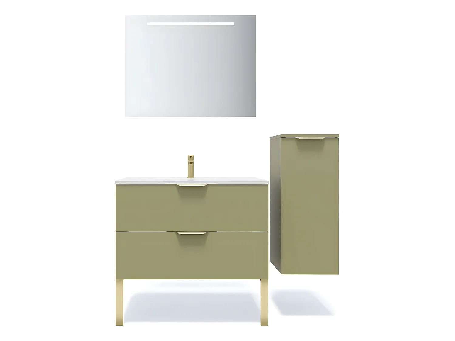 Meuble de salle de bain suspendu vasque intégrée 90cm 2 tiroirs Vert olive + miroir + colonne ouverture droite - Venice