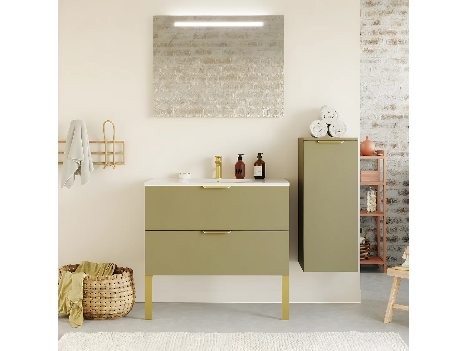 Meuble de salle de bain suspendu vasque intégrée 90cm 2 tiroirs Vert olive + miroir + colonne ouverture droite - Venice