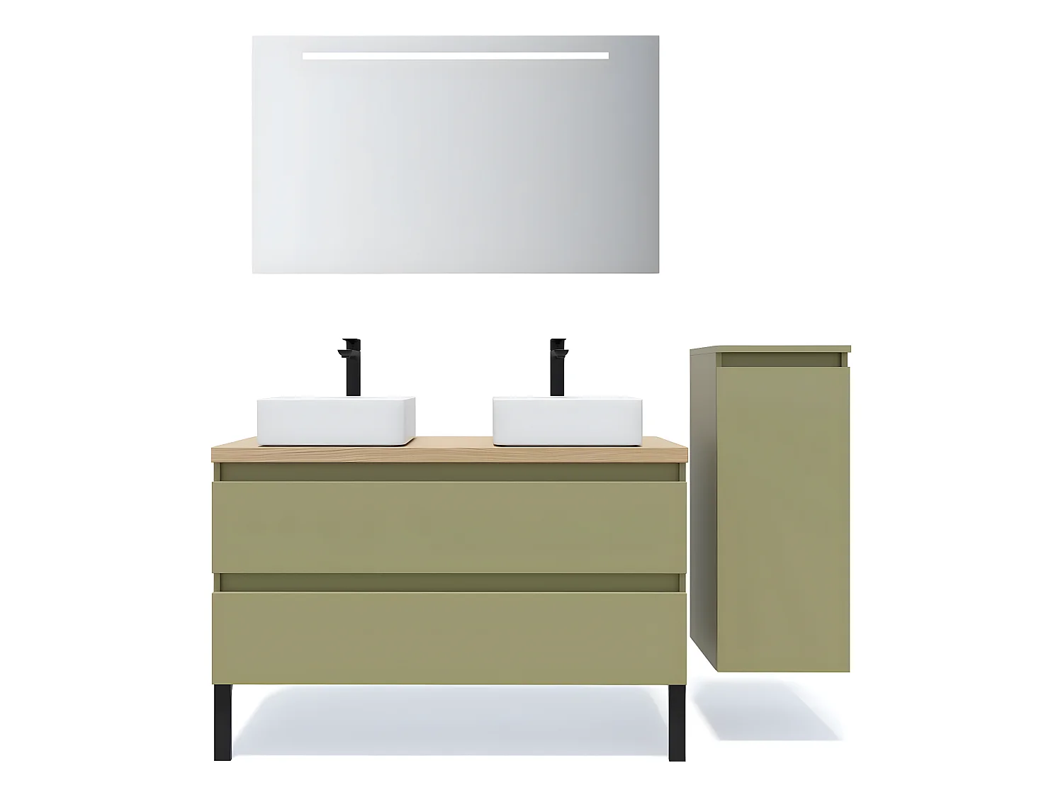 Meuble de salle de bain suspendu 2 vasques à poser 120cm 2 tiroirs Vert olive + miroir + colonne ouverture droite - Hudson