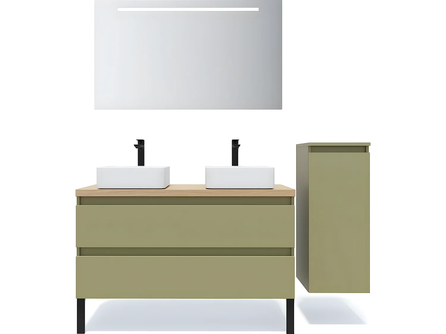 Meuble de salle de bain suspendu 2 vasques à poser 120cm 2 tiroirs Vert olive + miroir + colonne ouverture droite - Hudson