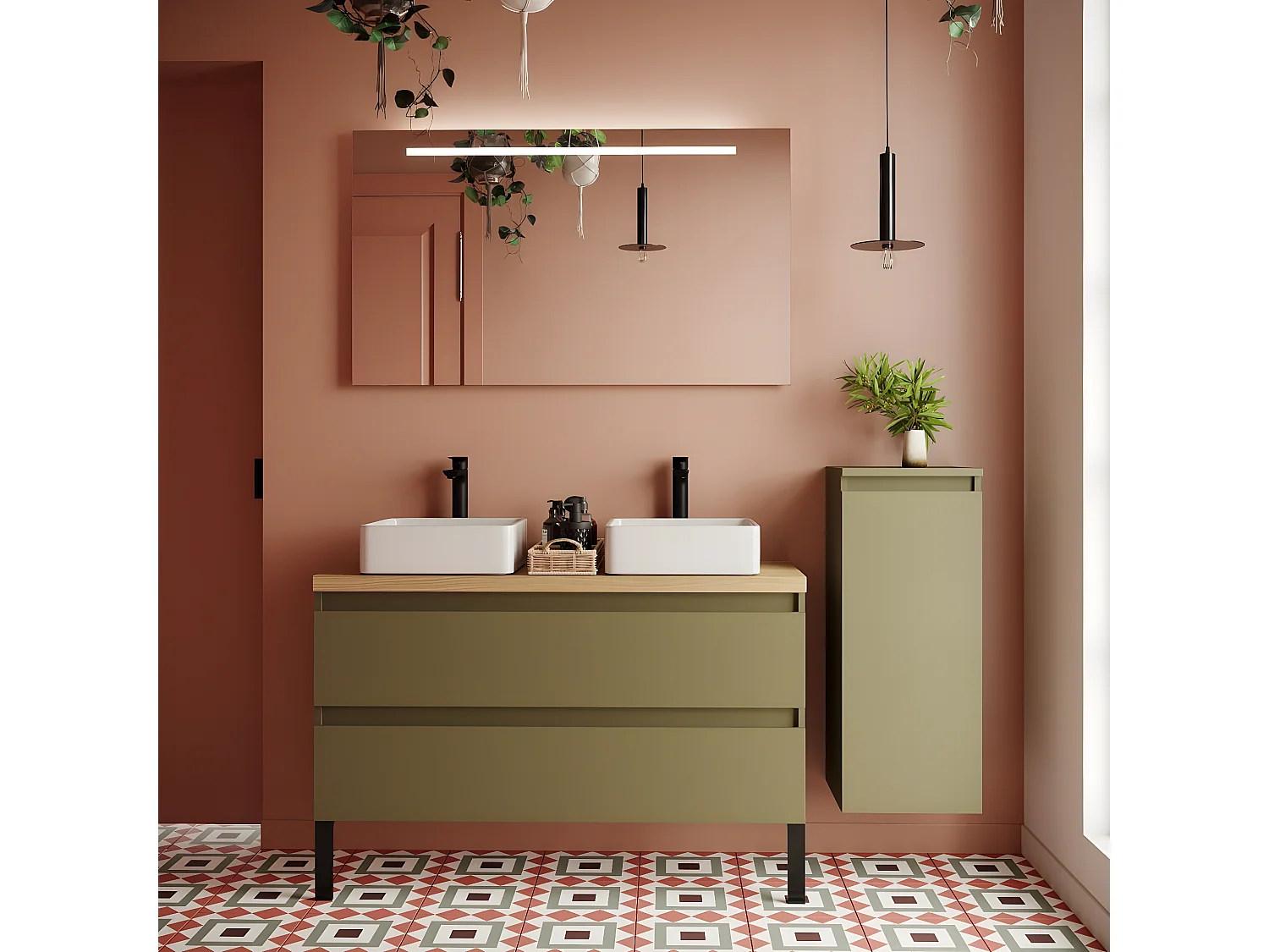 Meuble de salle de bain suspendu 2 vasques à poser 120cm 2 tiroirs Vert olive + miroir + colonne ouverture droite - Hudson