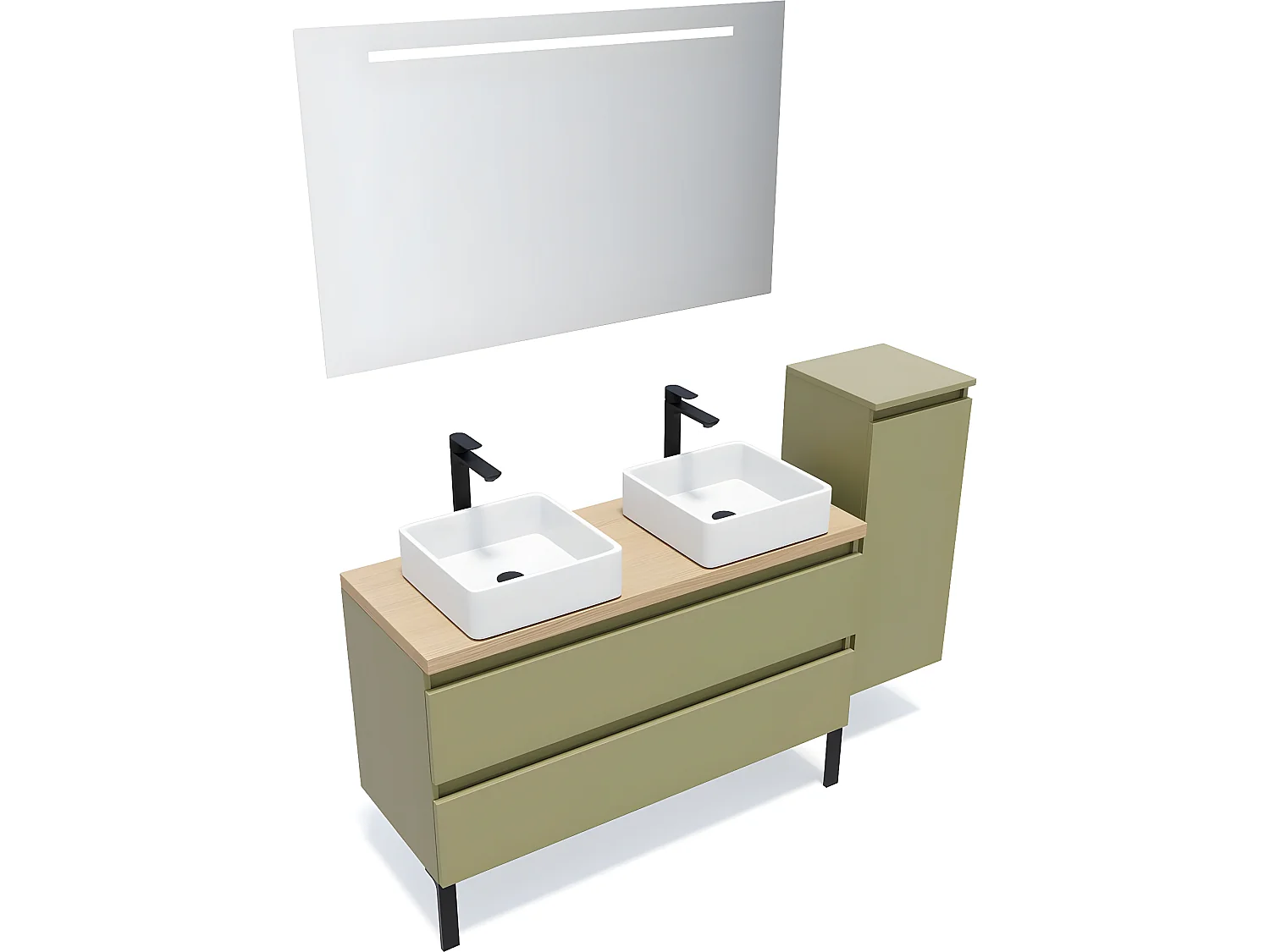 Meuble de salle de bain suspendu 2 vasques à poser 120cm 2 tiroirs Vert olive + miroir + colonne ouverture droite - Hudson