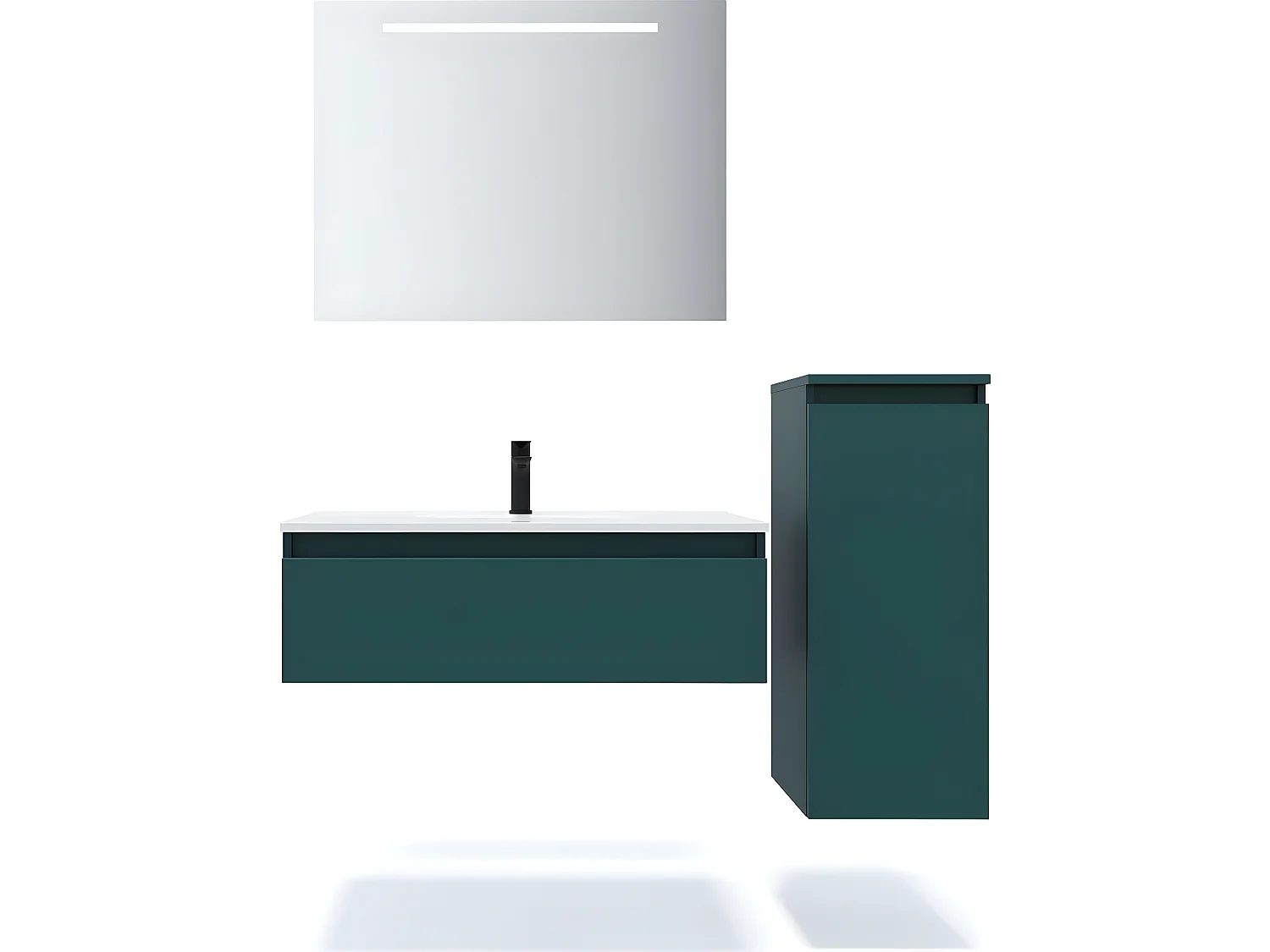 Meuble de salle de bain suspendu vasque intégrée 90cm 1 tiroir Bleu + miroir + colonne ouverture droite - Hudson