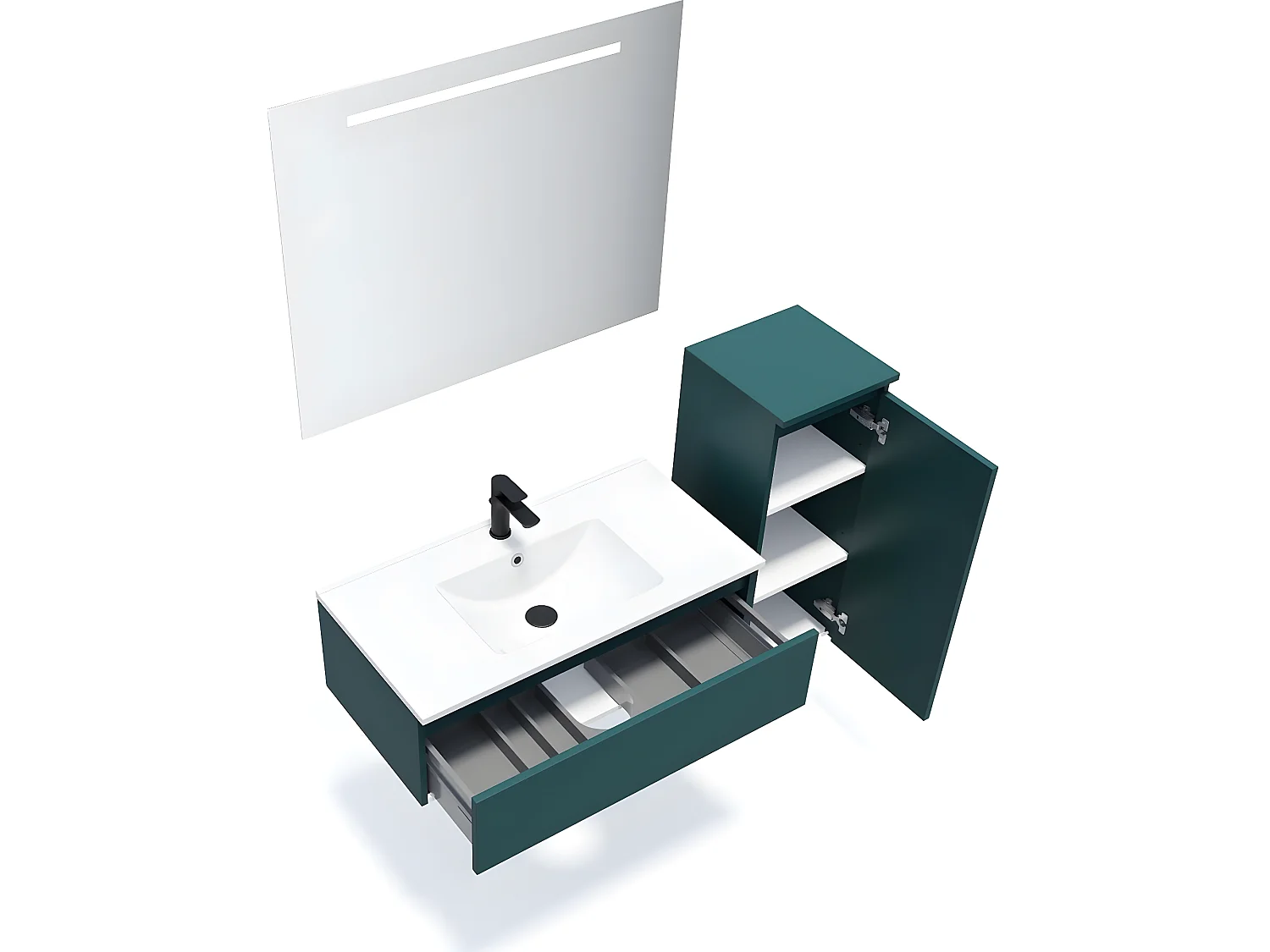 Meuble de salle de bain suspendu vasque intégrée 90cm 1 tiroir Bleu + miroir + colonne ouverture droite - Hudson