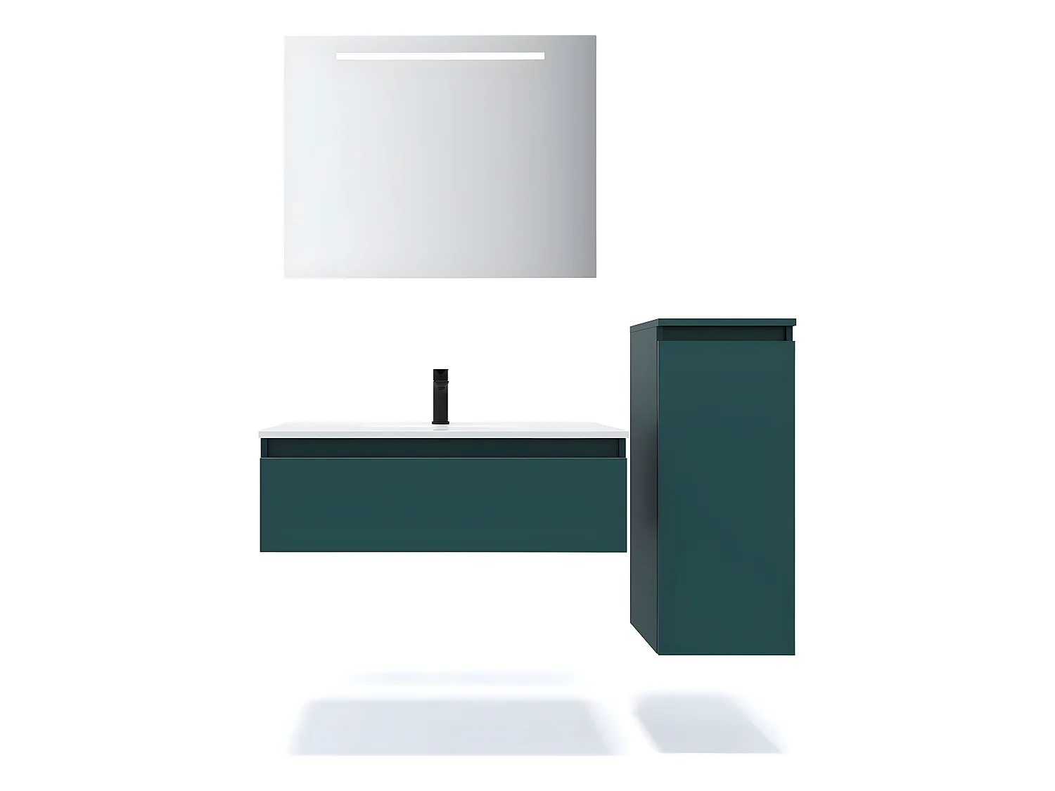 Meuble de salle de bain suspendu vasque intégrée 90cm 1 tiroir Bleu + miroir + colonne ouverture droite - Hudson