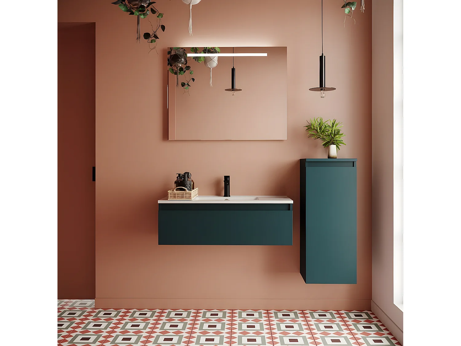 Meuble de salle de bain suspendu vasque intégrée 90cm 1 tiroir Bleu + miroir + colonne ouverture droite - Hudson