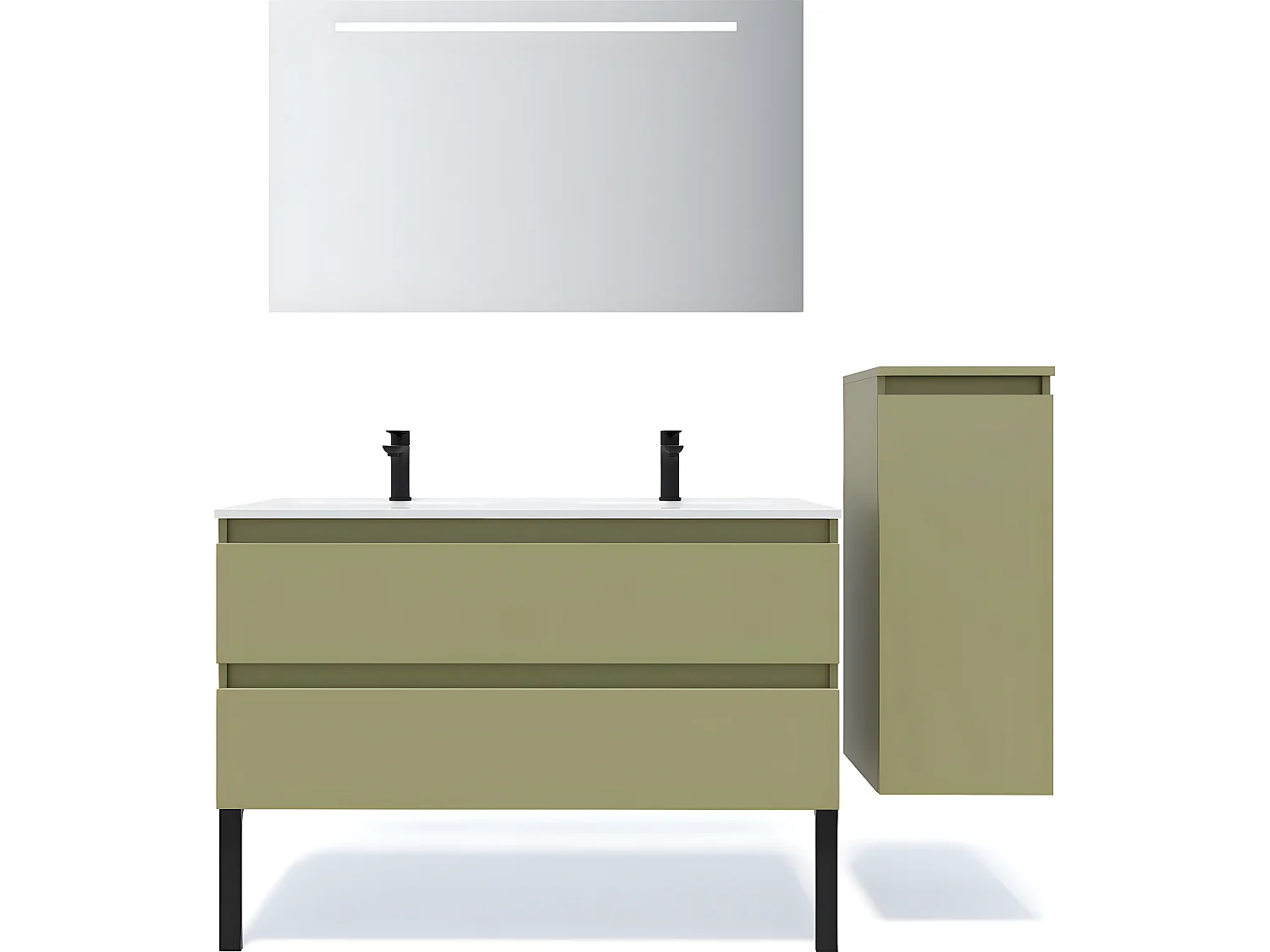 Meuble de salle de bain suspendu double vasque intégrée 120cm 2 tiroirs Vert olive + miroir + colonne ouverture droite - Hudson