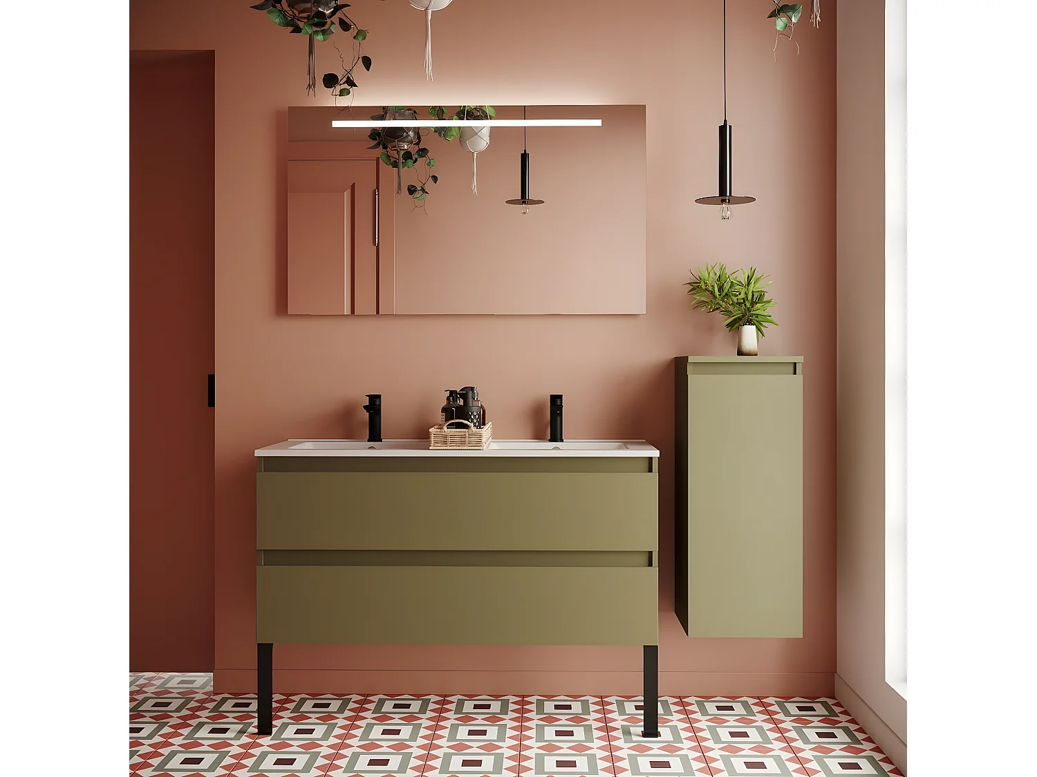 Meuble de salle de bain suspendu double vasque intégrée 120cm 2 tiroirs Vert olive + miroir + colonne ouverture droite - Hudson