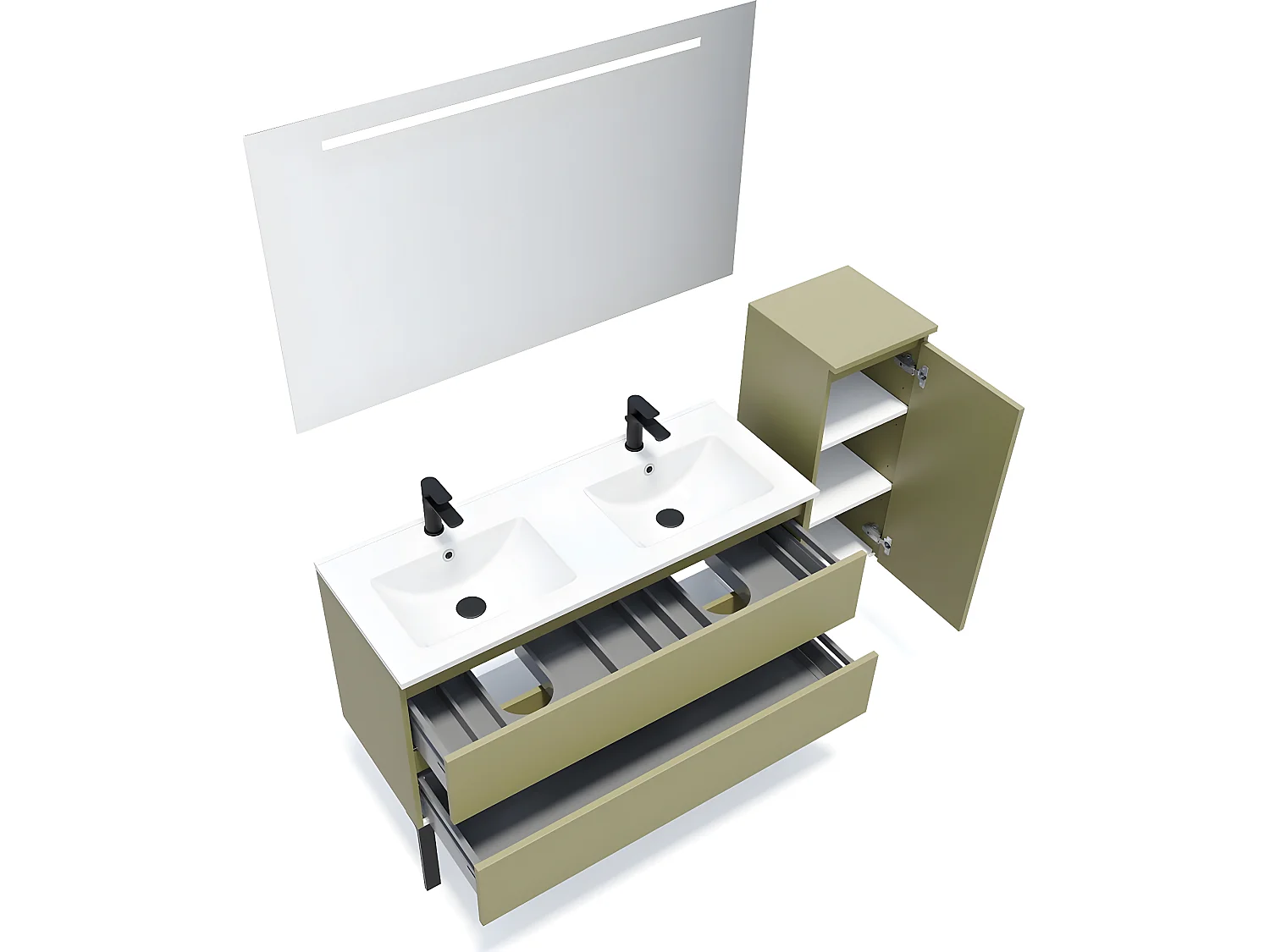 Meuble de salle de bain suspendu double vasque intégrée 120cm 2 tiroirs Vert olive + miroir + colonne ouverture droite - Hudson