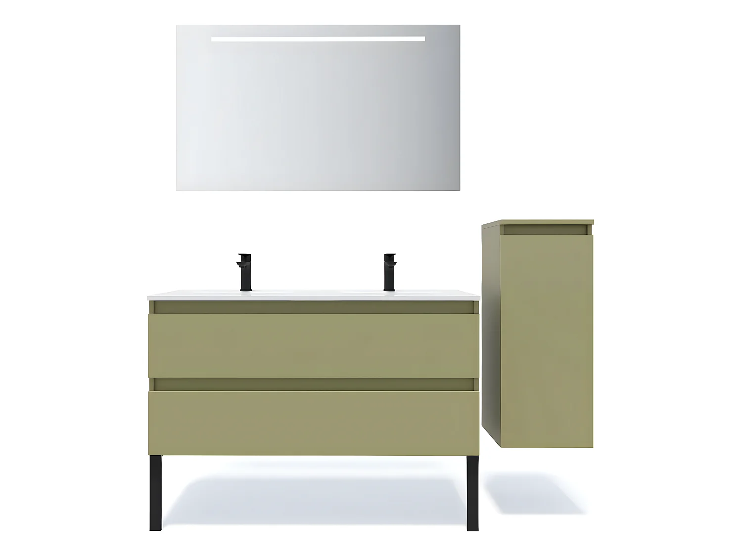 Meuble de salle de bain suspendu double vasque intégrée 120cm 2 tiroirs Vert olive + miroir + colonne ouverture droite - Hudson