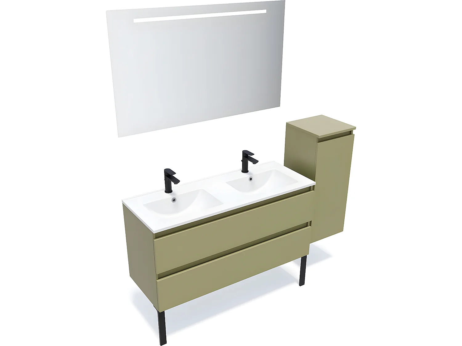 Meuble de salle de bain suspendu double vasque intégrée 120cm 2 tiroirs Vert olive + miroir + colonne ouverture droite - Hudson