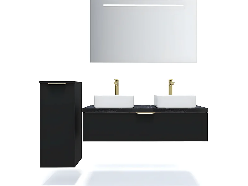 Meuble de salle de bain suspendu 2 vasques à poser 120cm 1 tiroir Noir + miroir + colonne ouverture gauche - Venice