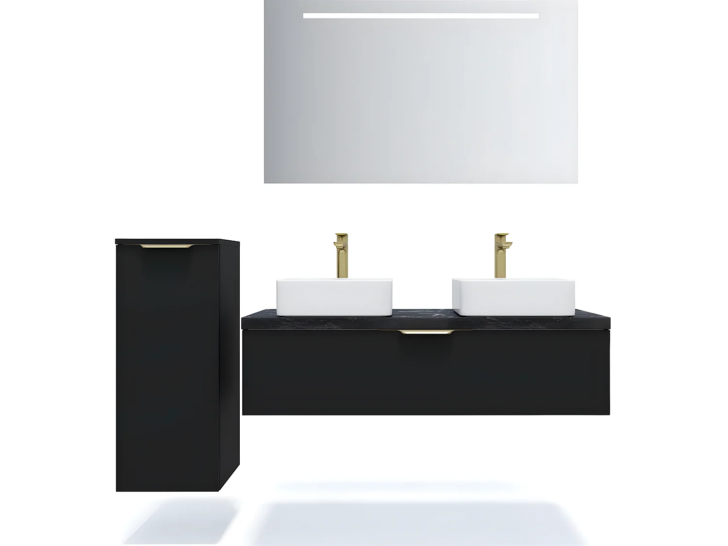 Meuble de salle de bain suspendu 2 vasques à poser 120cm 1 tiroir Noir + miroir + colonne ouverture gauche - Venice