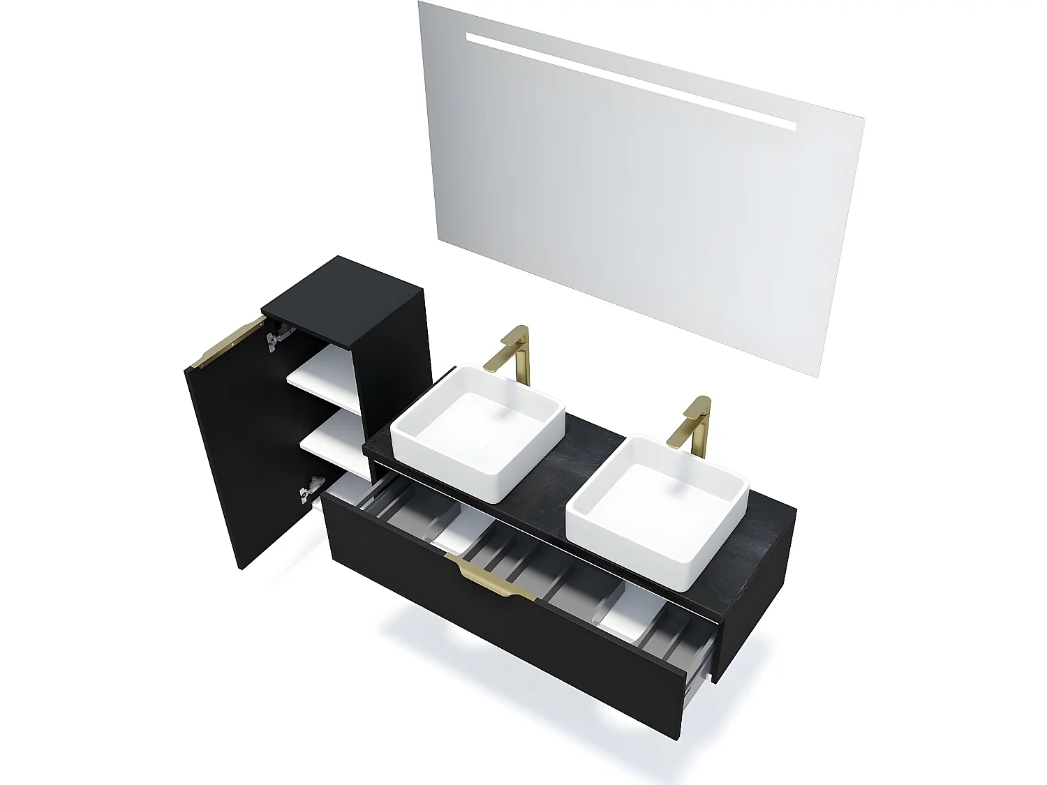 Meuble de salle de bain suspendu 2 vasques à poser 120cm 1 tiroir Noir + miroir + colonne ouverture gauche - Venice