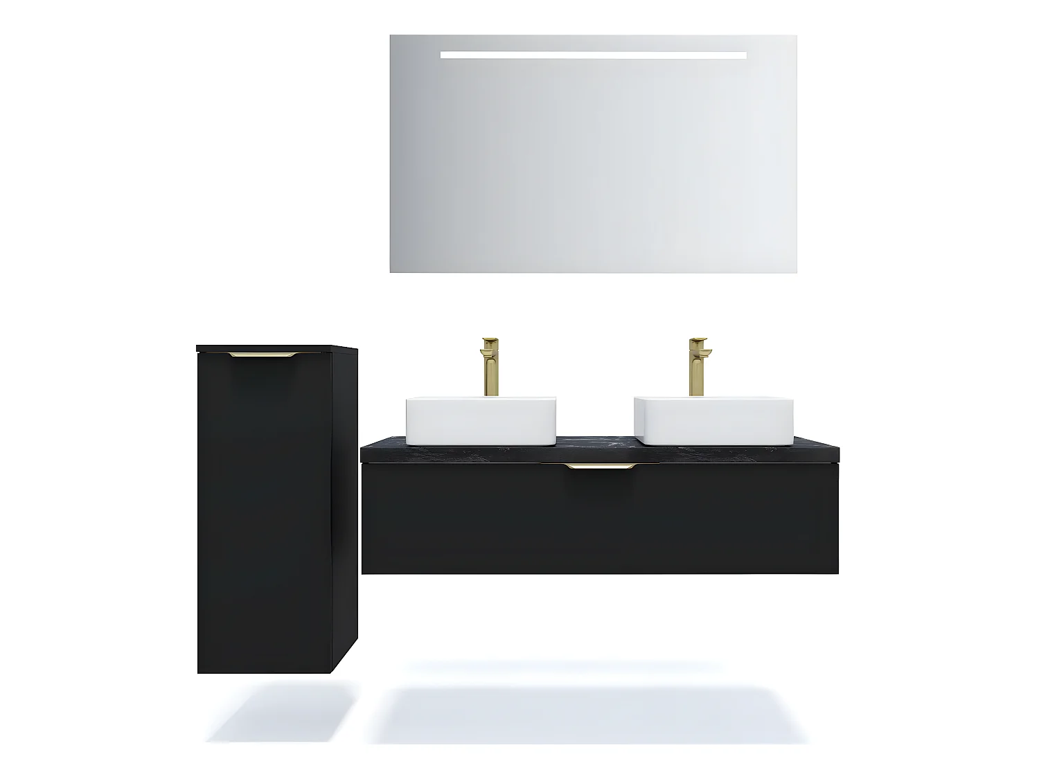 Meuble de salle de bain suspendu 2 vasques à poser 120cm 1 tiroir Noir + miroir + colonne ouverture gauche - Venice