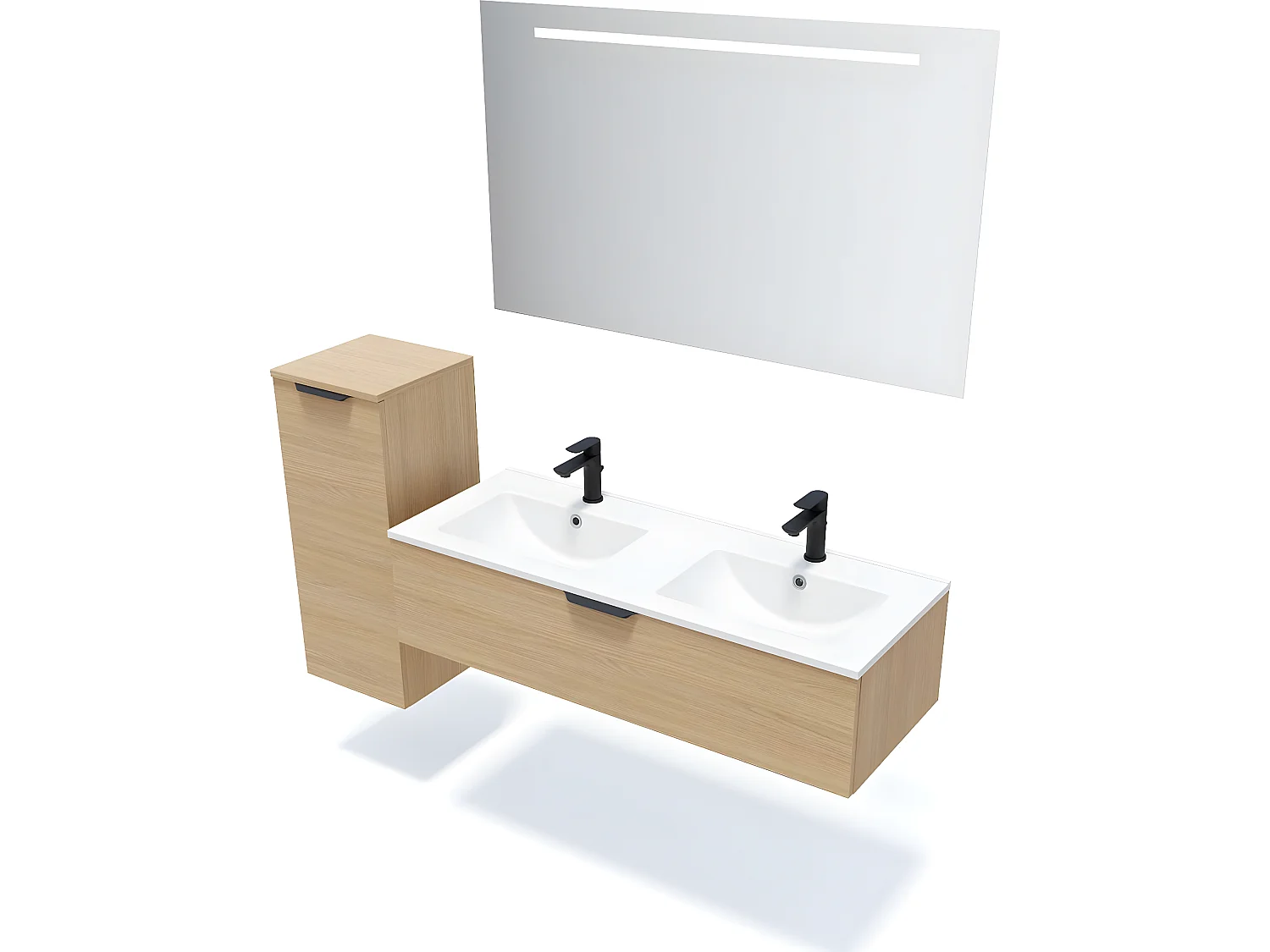 Meuble de salle de bain suspendu double vasque intégrée 120cm 1 tiroir Chêne clair + miroir + colonne ouverture gauche - Venice