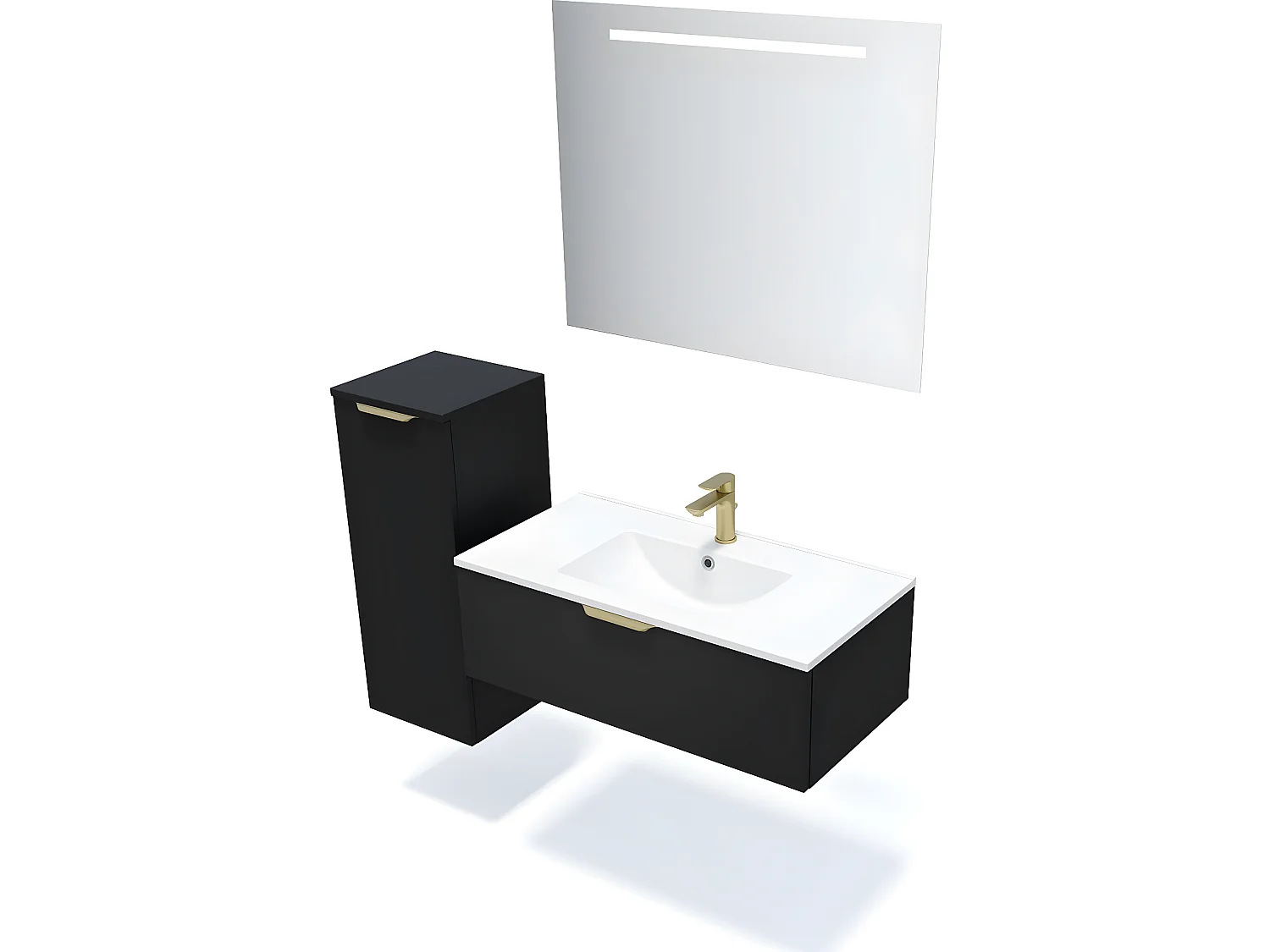 Meuble de salle de bain suspendu vasque intégrée 90cm 1 tiroir Noir + miroir + colonne ouverture gauche - Venice