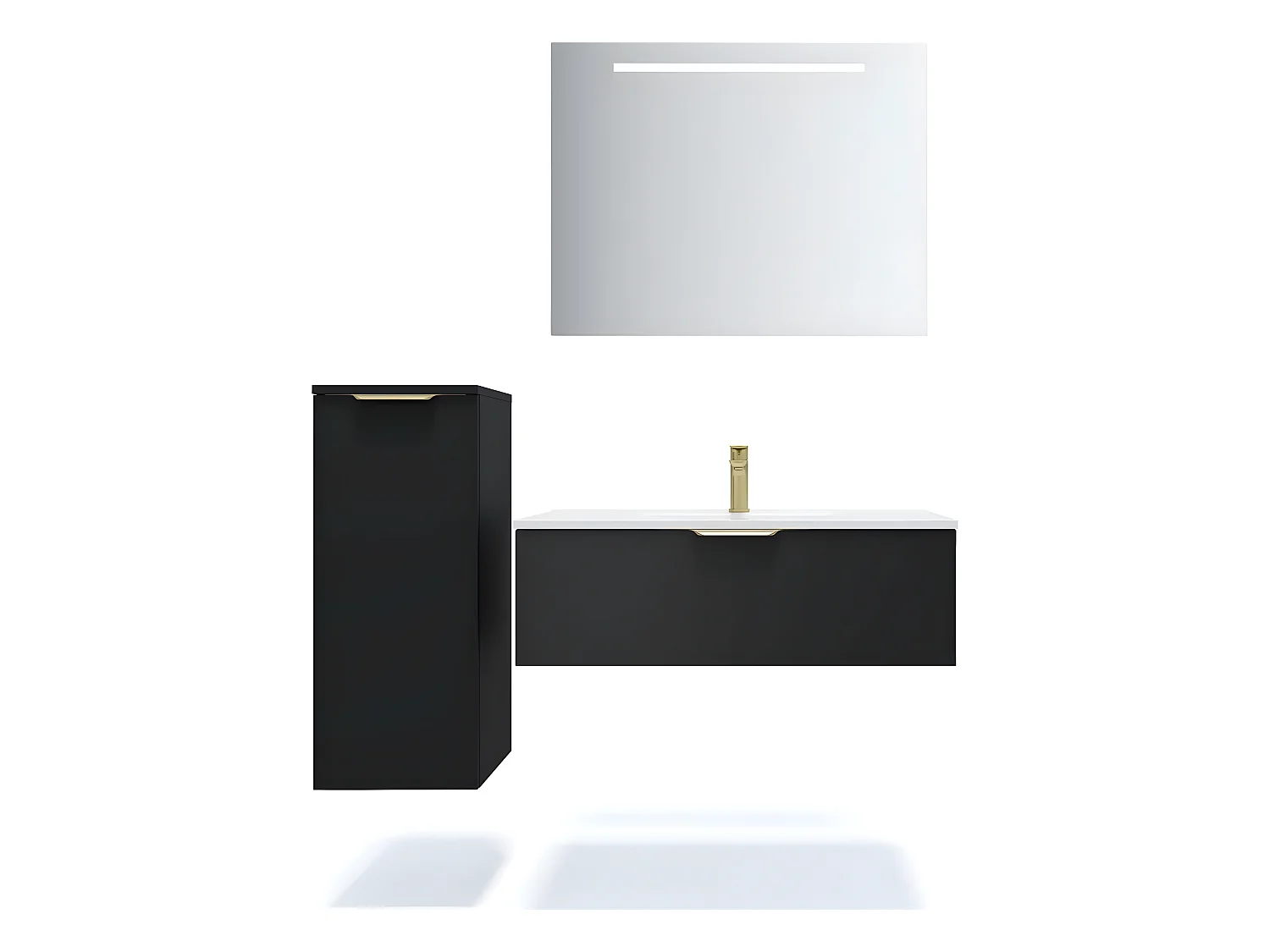 Meuble de salle de bain suspendu vasque intégrée 90cm 1 tiroir Noir + miroir + colonne ouverture gauche - Venice