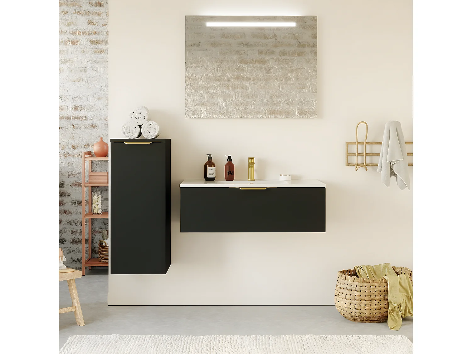 Meuble de salle de bain suspendu vasque intégrée 90cm 1 tiroir Noir + miroir + colonne ouverture gauche - Venice
