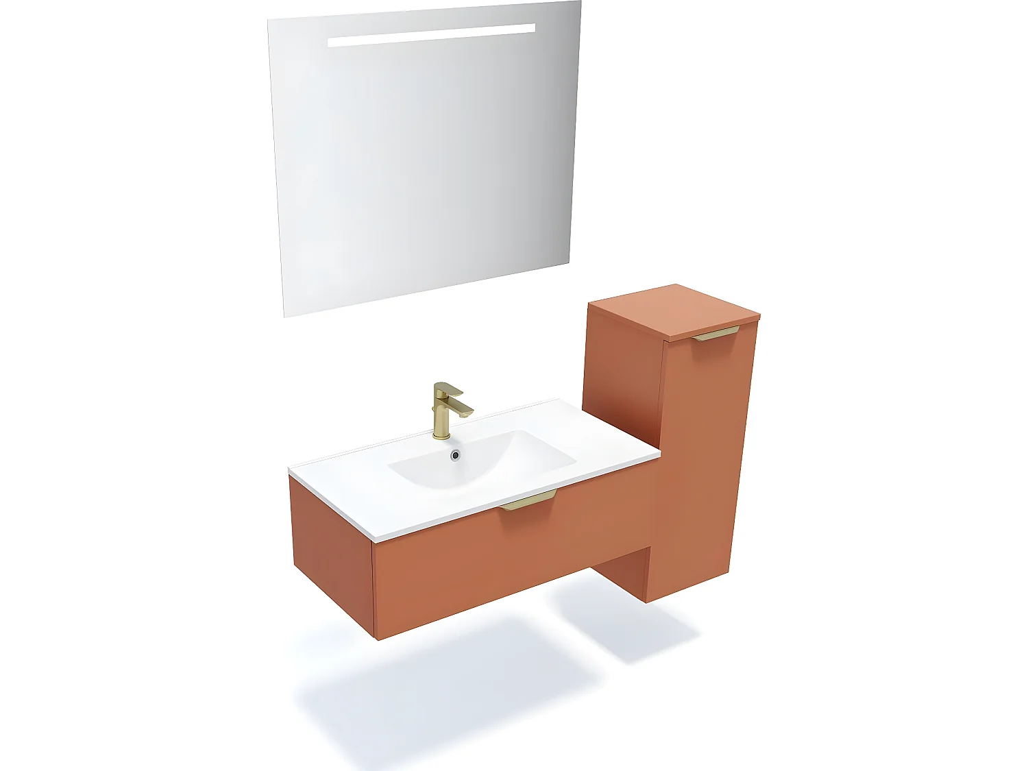 Meuble de salle de bain suspendu vasque intégrée 90cm 1 tiroir Terracotta + miroir + colonne ouverture droite - Venice