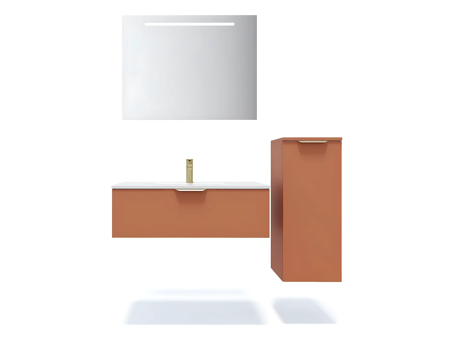Meuble de salle de bain suspendu vasque intégrée 90cm 1 tiroir Terracotta + miroir + colonne ouverture droite - Venice