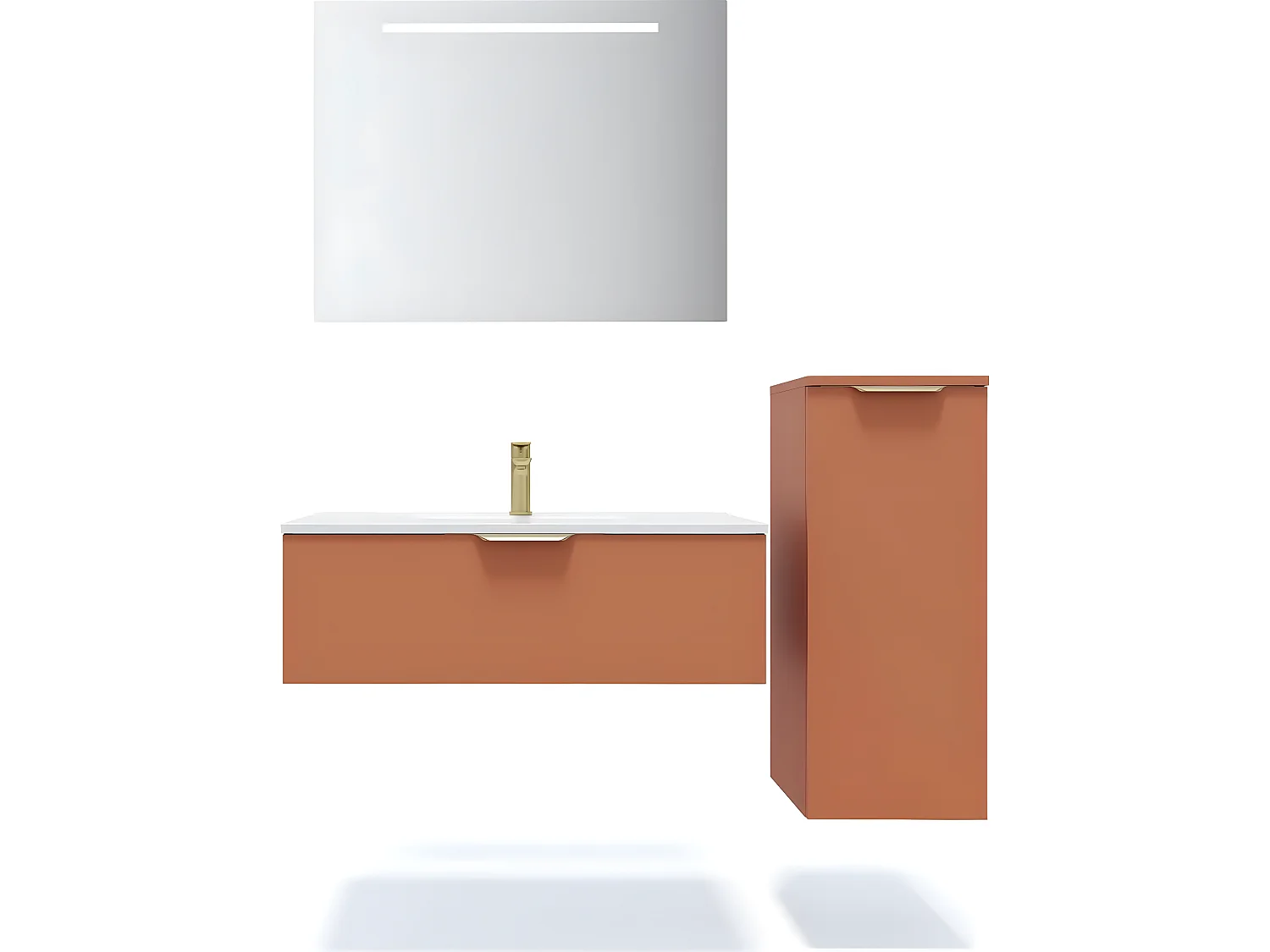 Meuble de salle de bain suspendu vasque intégrée 90cm 1 tiroir Terracotta + miroir + colonne ouverture droite - Venice