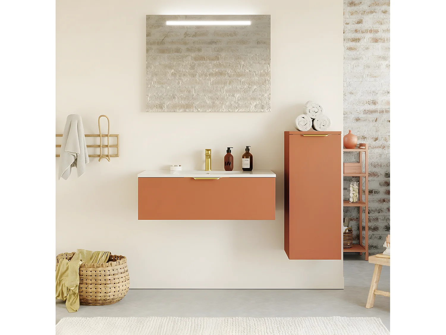 Meuble de salle de bain suspendu vasque intégrée 90cm 1 tiroir Terracotta + miroir + colonne ouverture droite - Venice