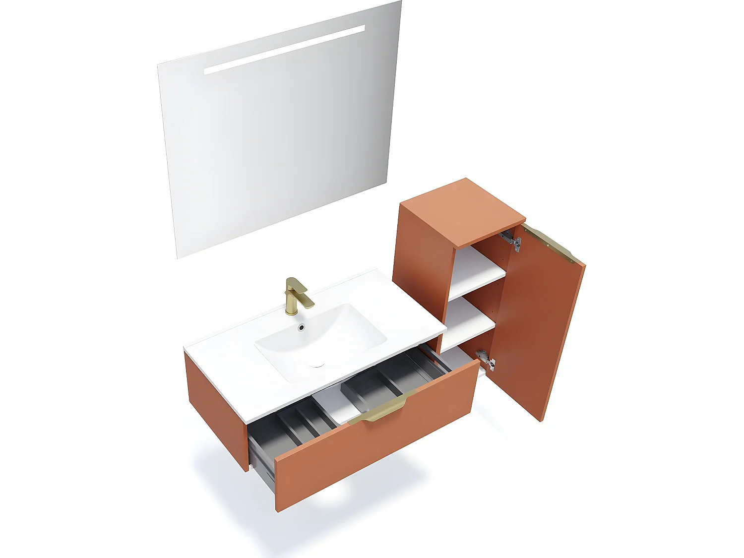 Meuble de salle de bain suspendu vasque intégrée 90cm 1 tiroir Terracotta + miroir + colonne ouverture droite - Venice