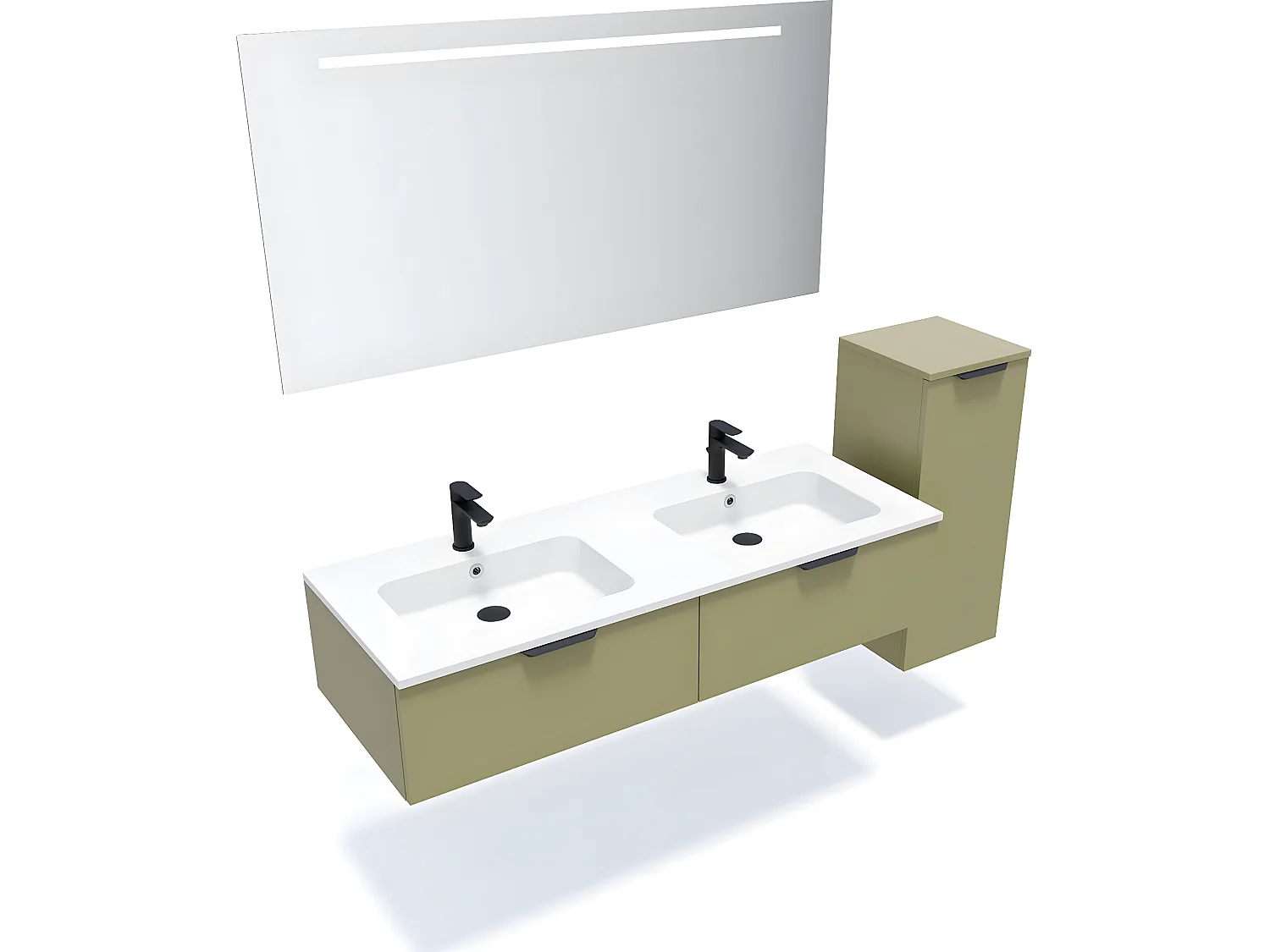 Meuble de salle de bain suspendu double vasque intégrée 140cm 2 tiroirs Vert olive + miroir + colonne ouverture droite - Soho