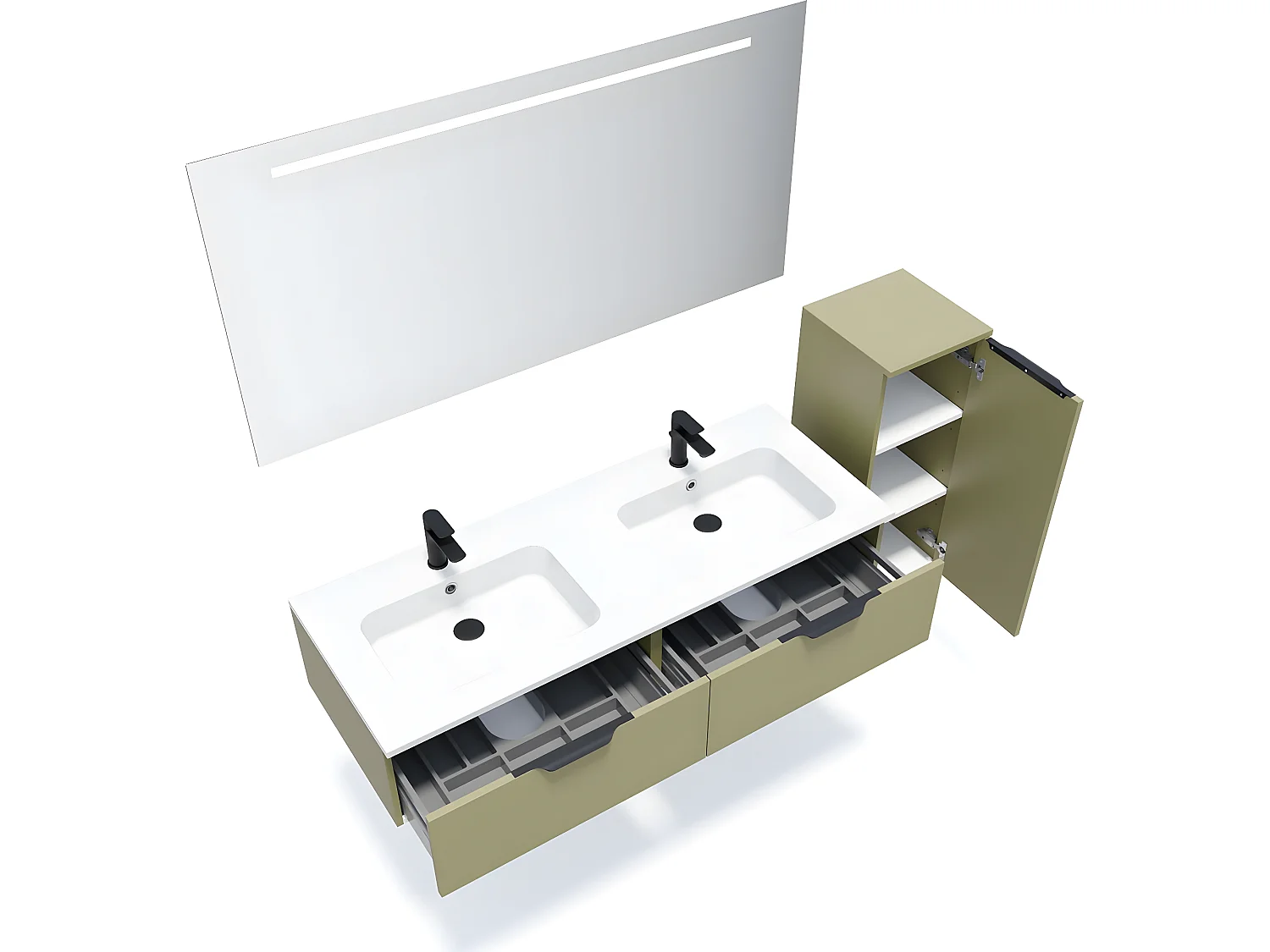 Meuble de salle de bain suspendu double vasque intégrée 140cm 2 tiroirs Vert olive + miroir + colonne ouverture droite - Soho