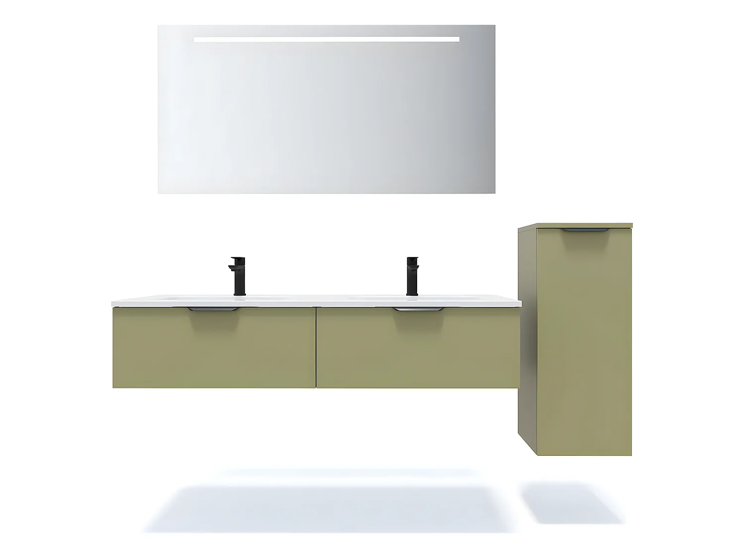 Meuble de salle de bain suspendu double vasque intégrée 140cm 2 tiroirs Vert olive + miroir + colonne ouverture droite - Soho