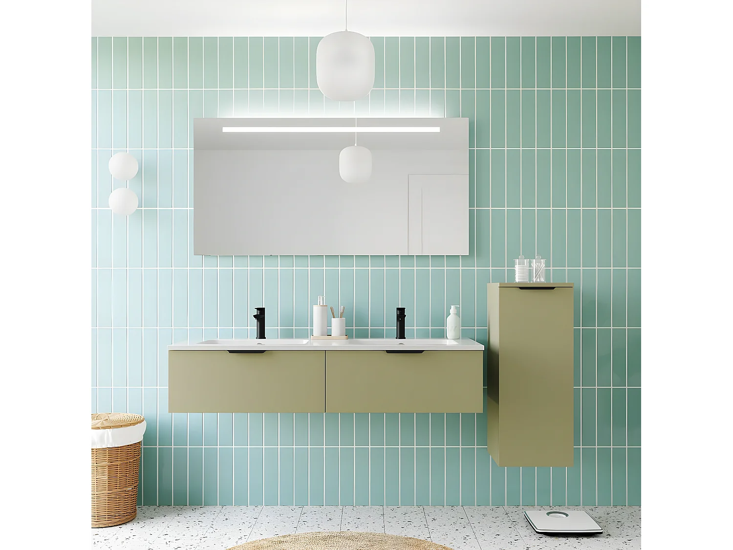 Meuble de salle de bain suspendu double vasque intégrée 140cm 2 tiroirs Vert olive + miroir + colonne ouverture droite - Soho