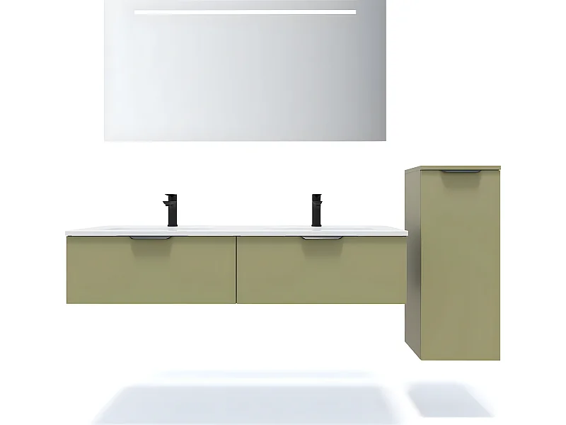 Meuble de salle de bain suspendu double vasque intégrée 140cm 2 tiroirs Vert olive + miroir + colonne ouverture droite - Soho